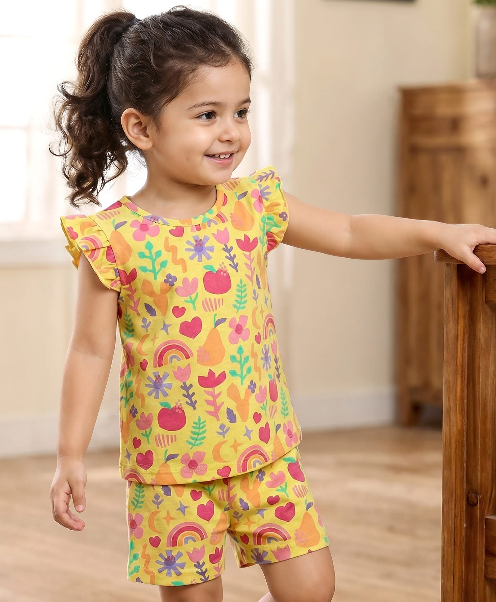 Babyhug Cotton Knit Frill Sleeves Shorts Night Suit With Floral Print - Yellow-picture-20