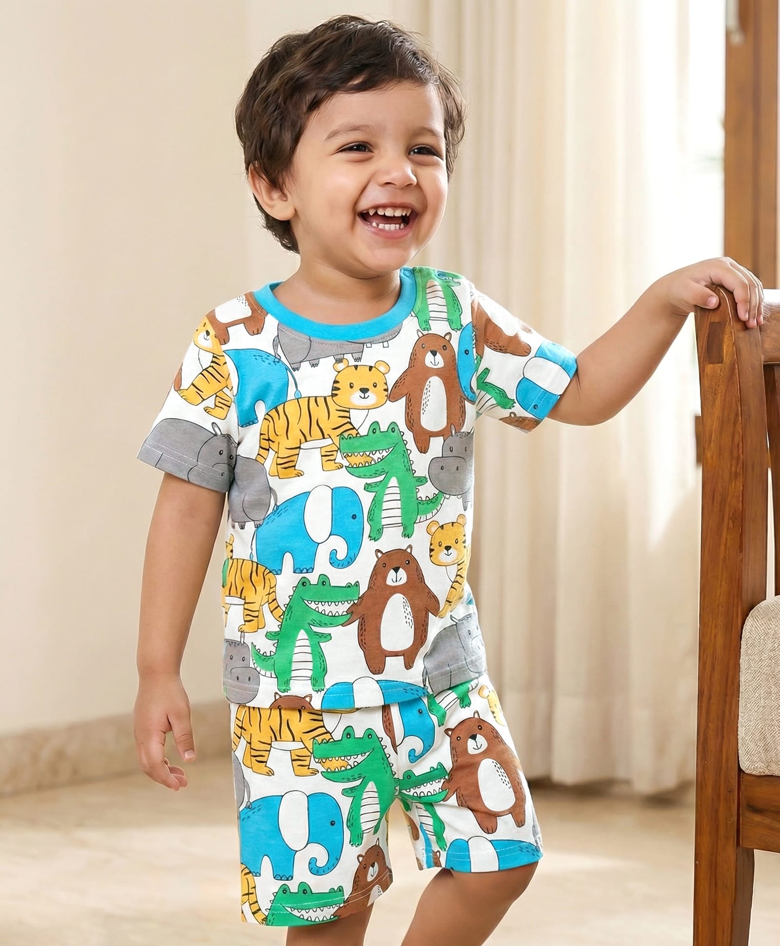 Babyhug Cotton Knit Half Sleeves Co-ords Shorts Night Suit With Vehicle Print - Multicolor