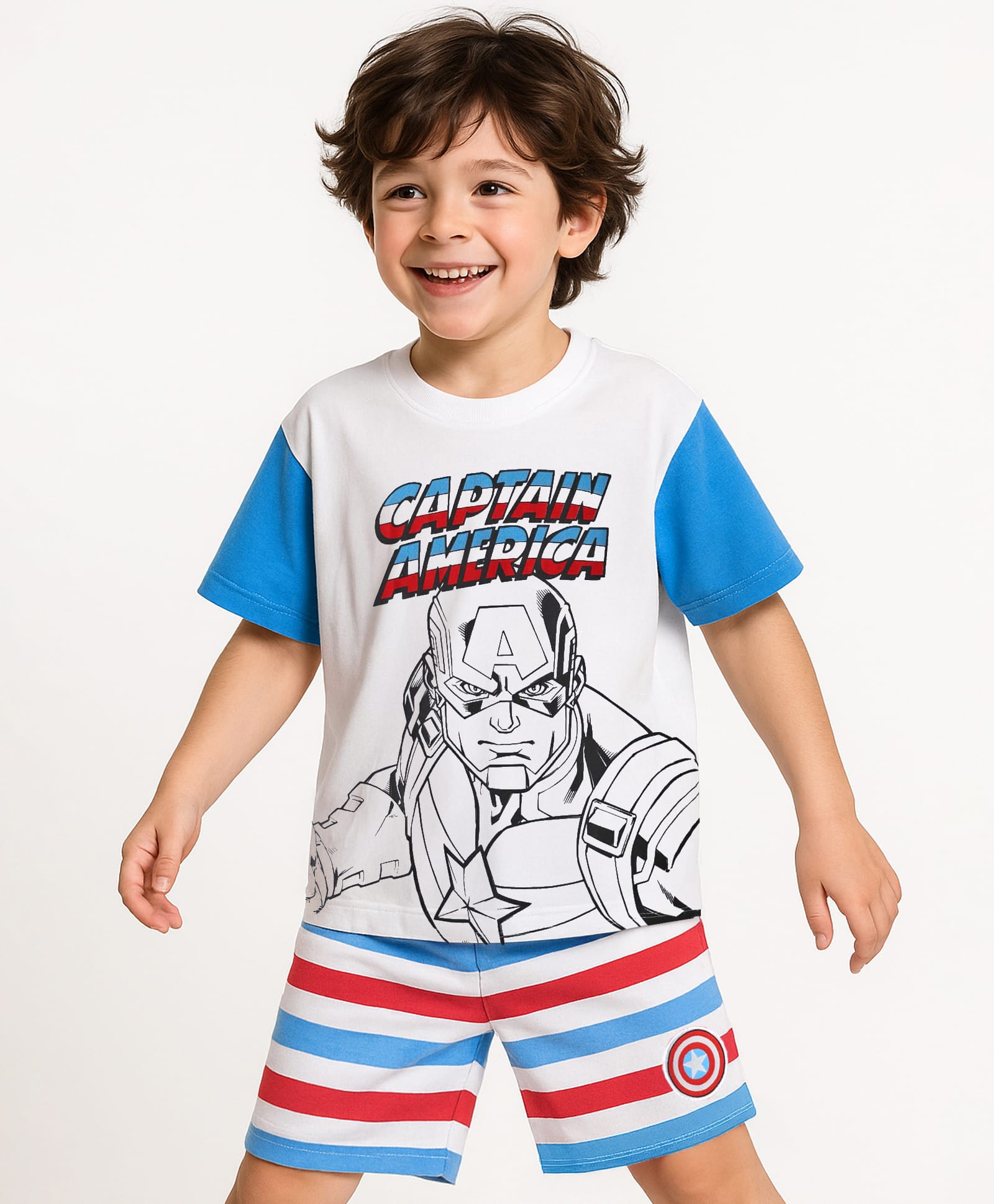 Honeyhap Marvel Single Jersey Knit Half Sleeves Shorts Night Suit With Captain America Graphics - White-picture-0