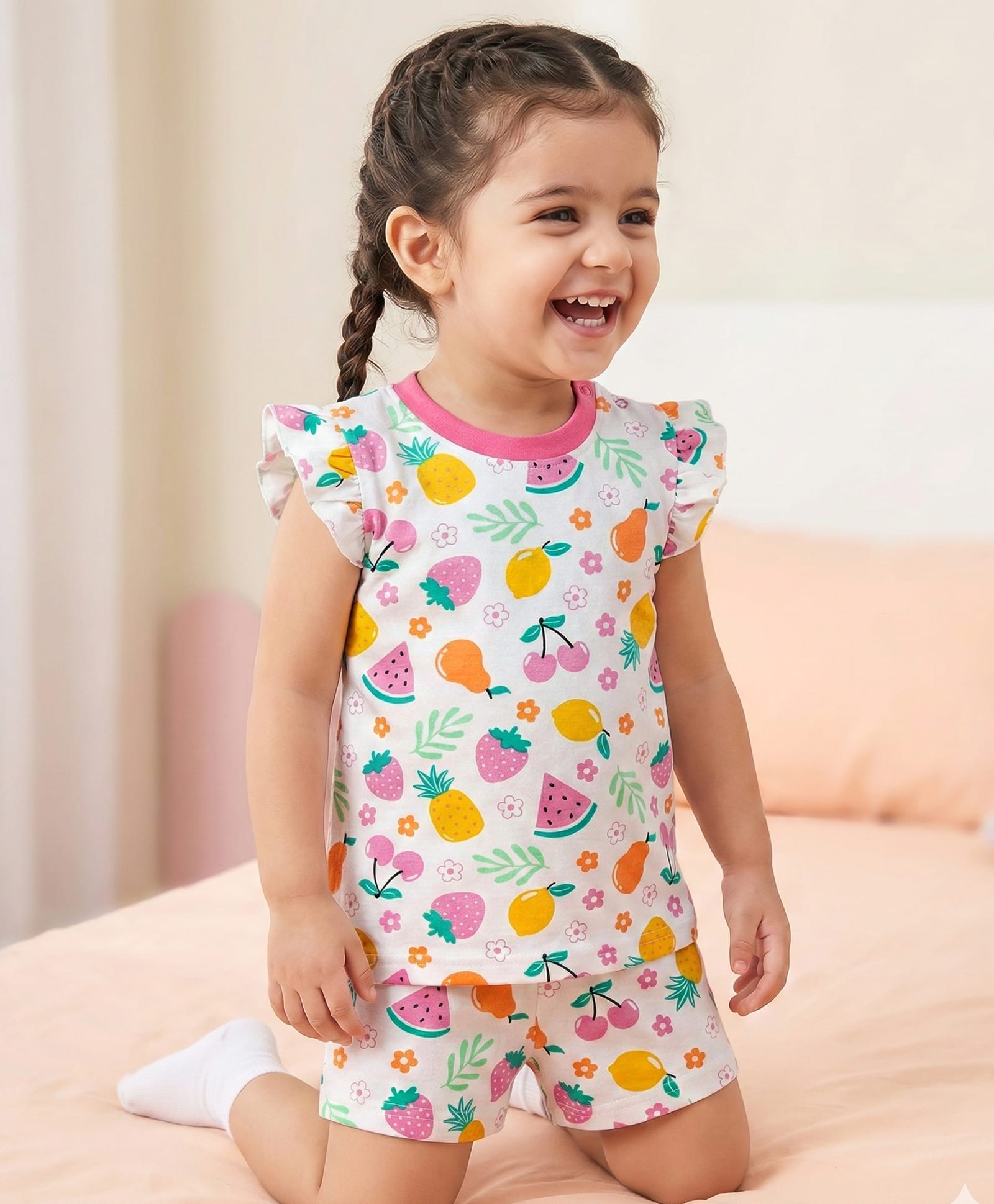Babyhug Cotton Knit Frill SleevesShorts Night Suit With Tropical Theme Print - White-image-13