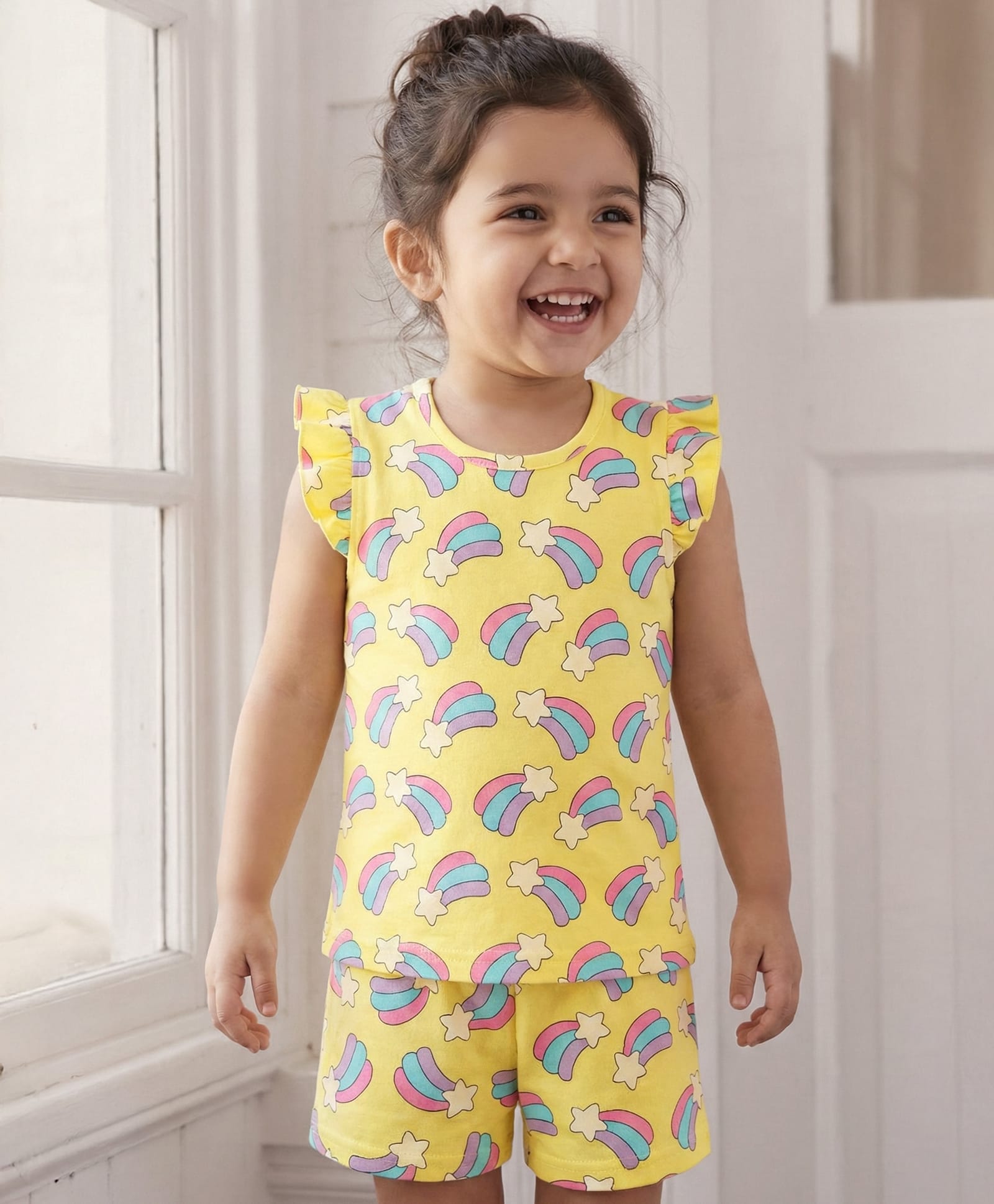 Babyhug Cotton Knit Frill Sleeves Co-ords Shorts Night Suit With Rainbow Print - Yellow-picture-27