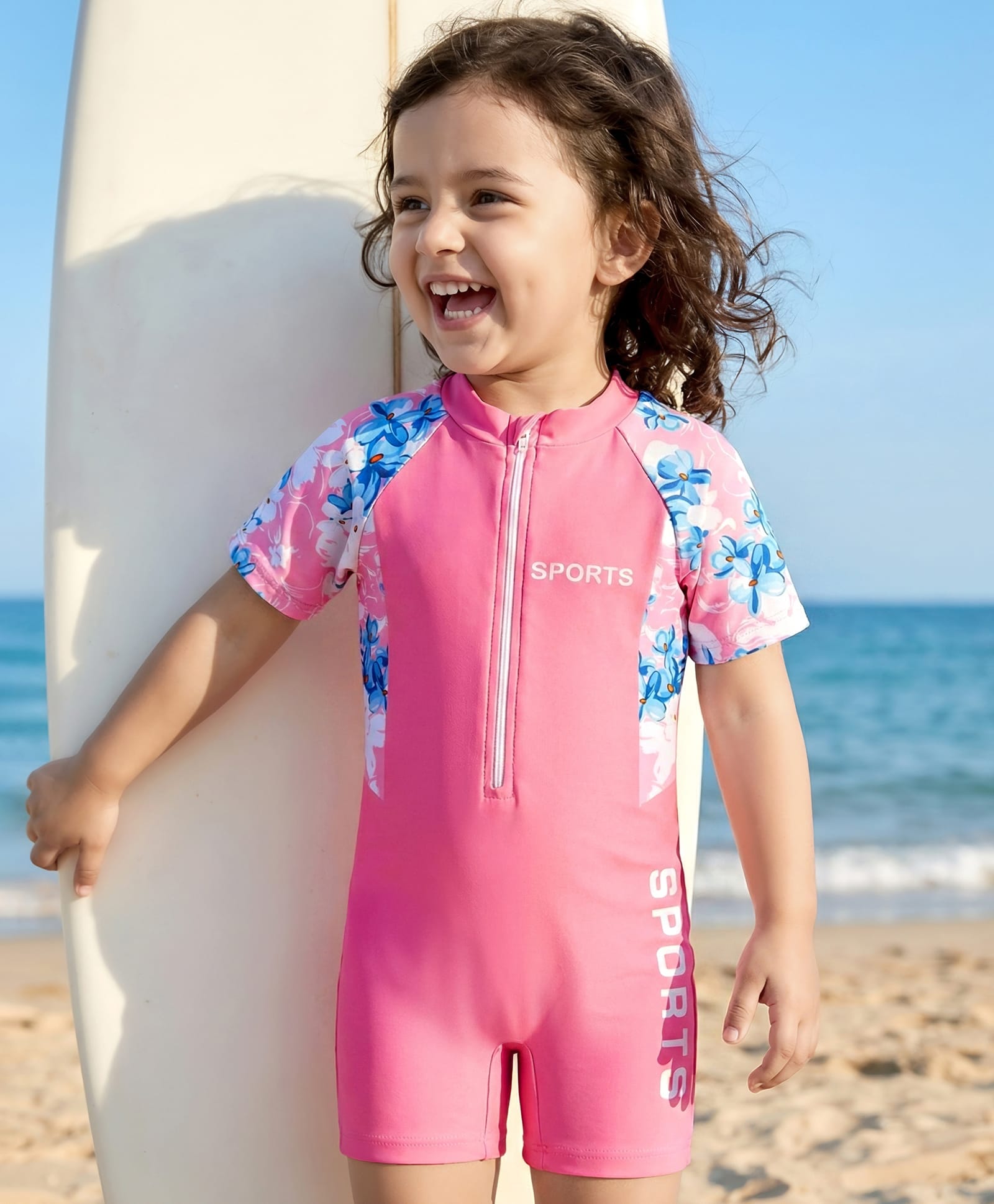 Babyhug Half Raglan Sleeves Legged Swimsuit With Floral Print - Pink-image-22