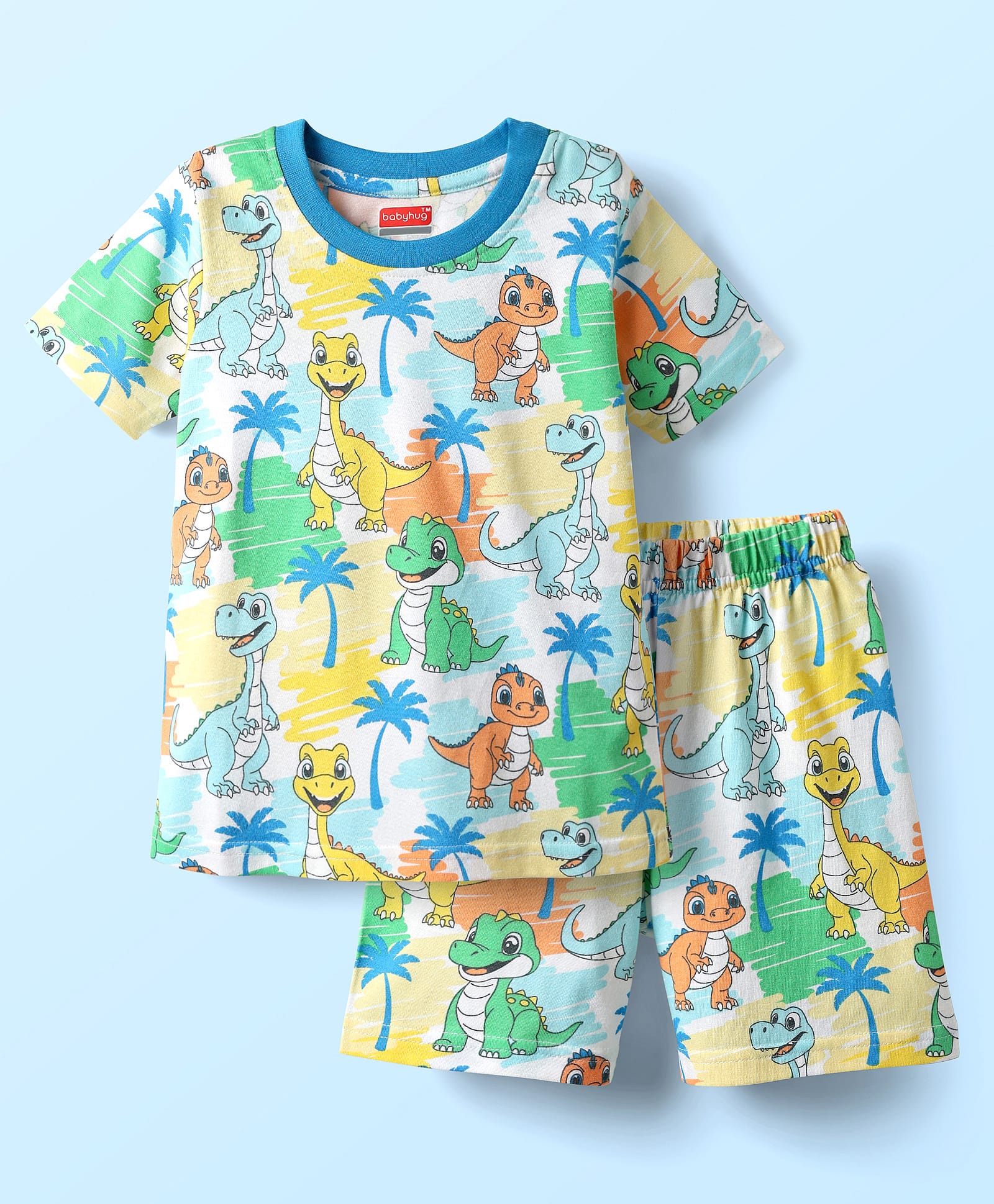 Babyhug Cotton Knit Half Sleeves Co-ords Shorts Night Suit With Animal Print - Multicolor-picture-15