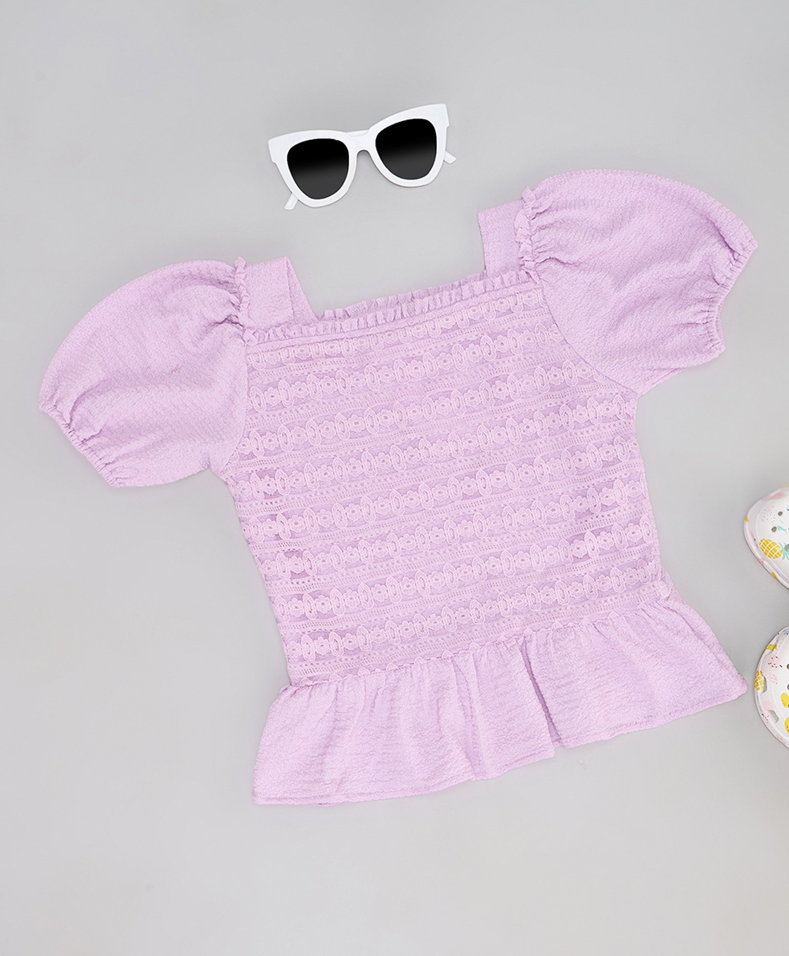 Pantaloons Junior Half Puffed Sleeves Floral Embroidered Peplum Top - Lilac-picture-38