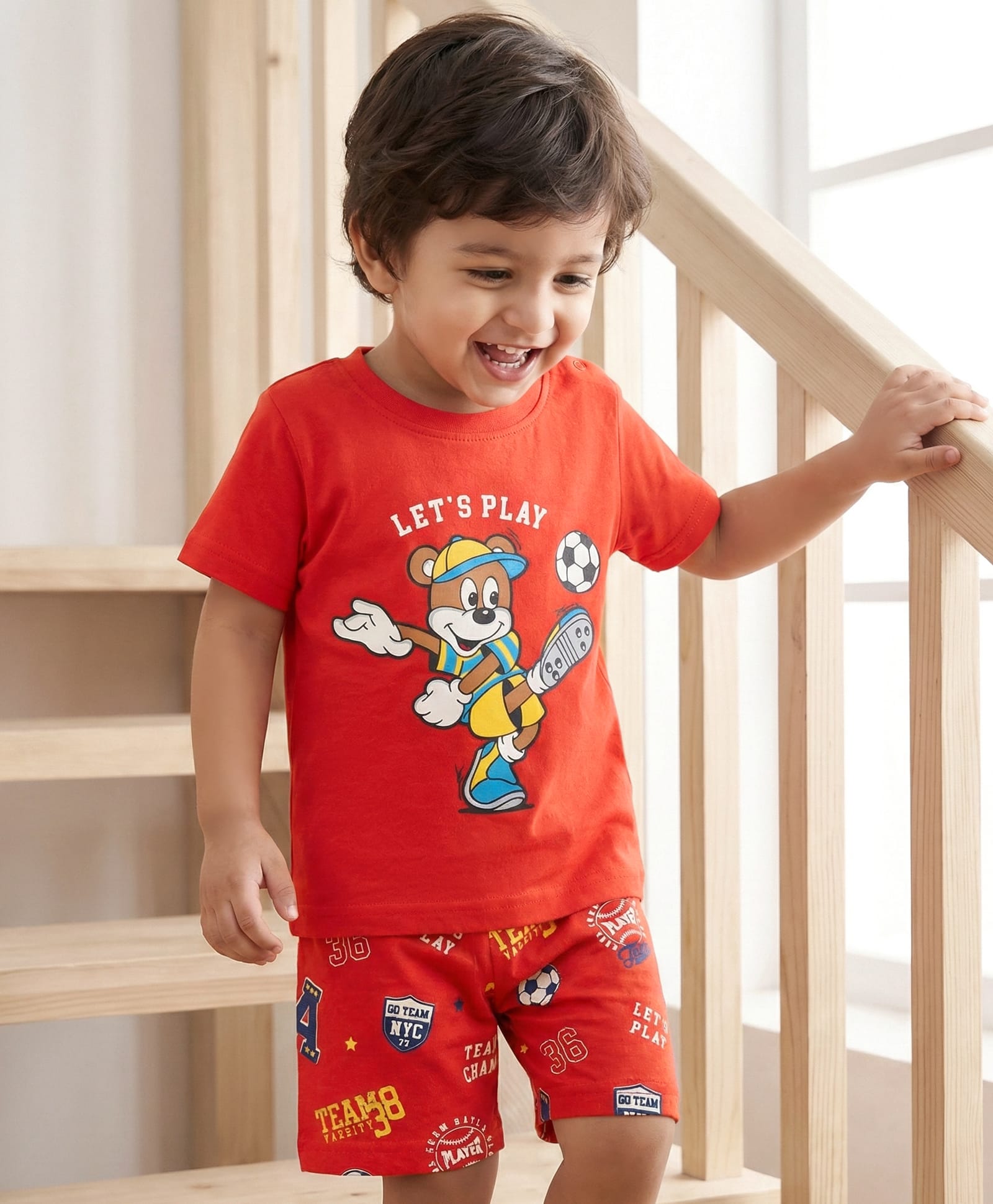 Babyhug Cotton Knit Half Sleeves Shorts Night Suit With Football & Cartoon Print - Red-image-45