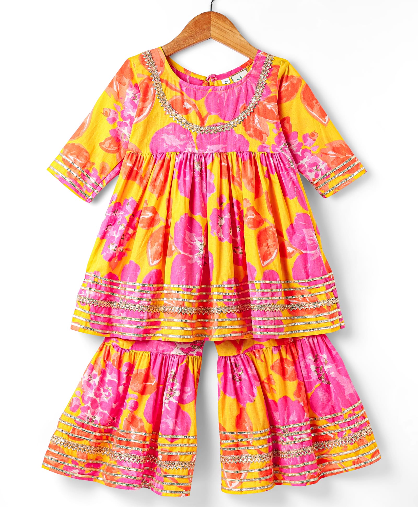 TEENTAARE Cotton Woven Three Fourth Sleeves Kurta Gharara Set with Floral Print - Yellow & Pink-image-33