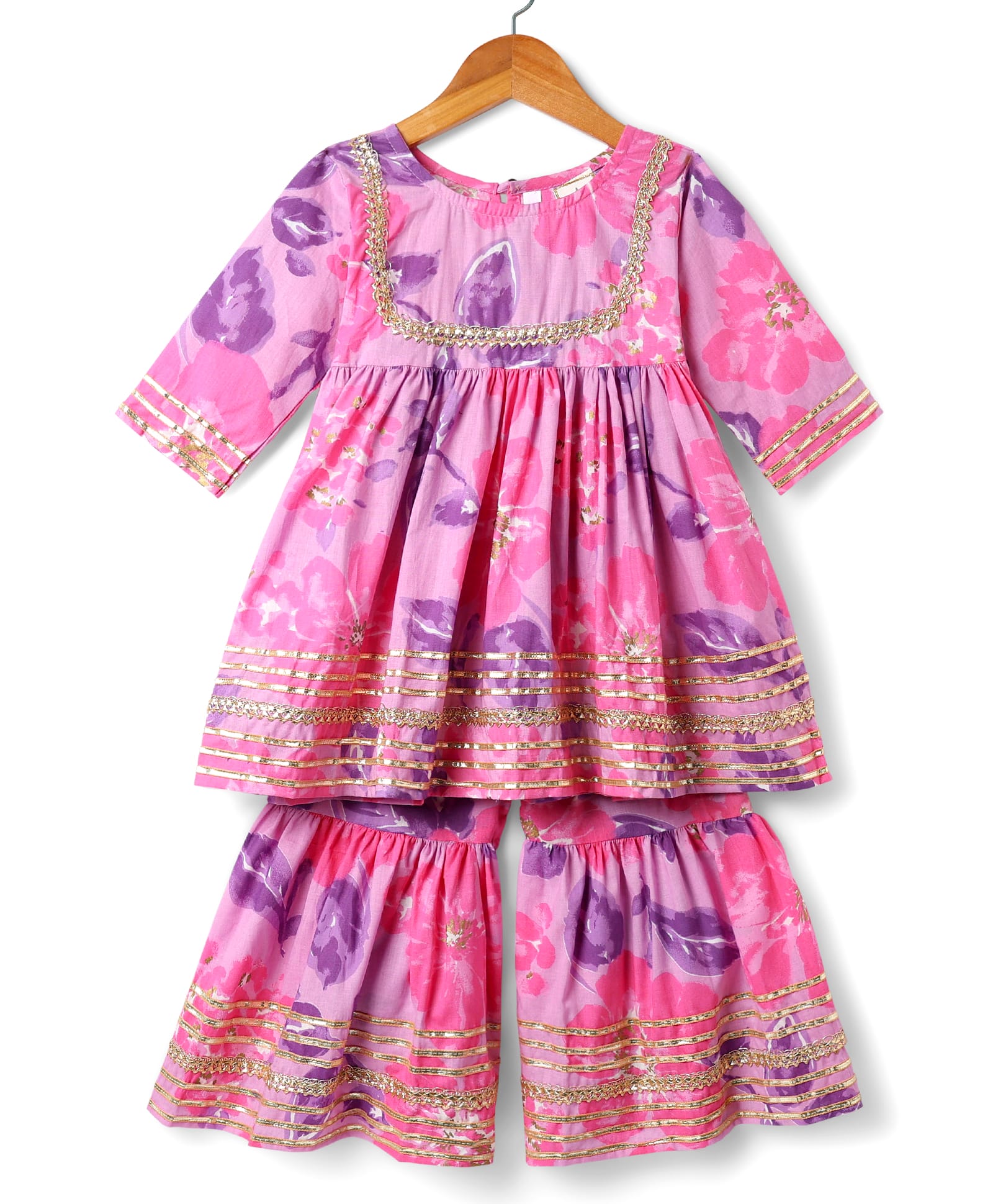 TEENTAARE Cotton Woven Three Fourth Sleeves Kurta Sharara Set With Floral Print - Pink-image-9