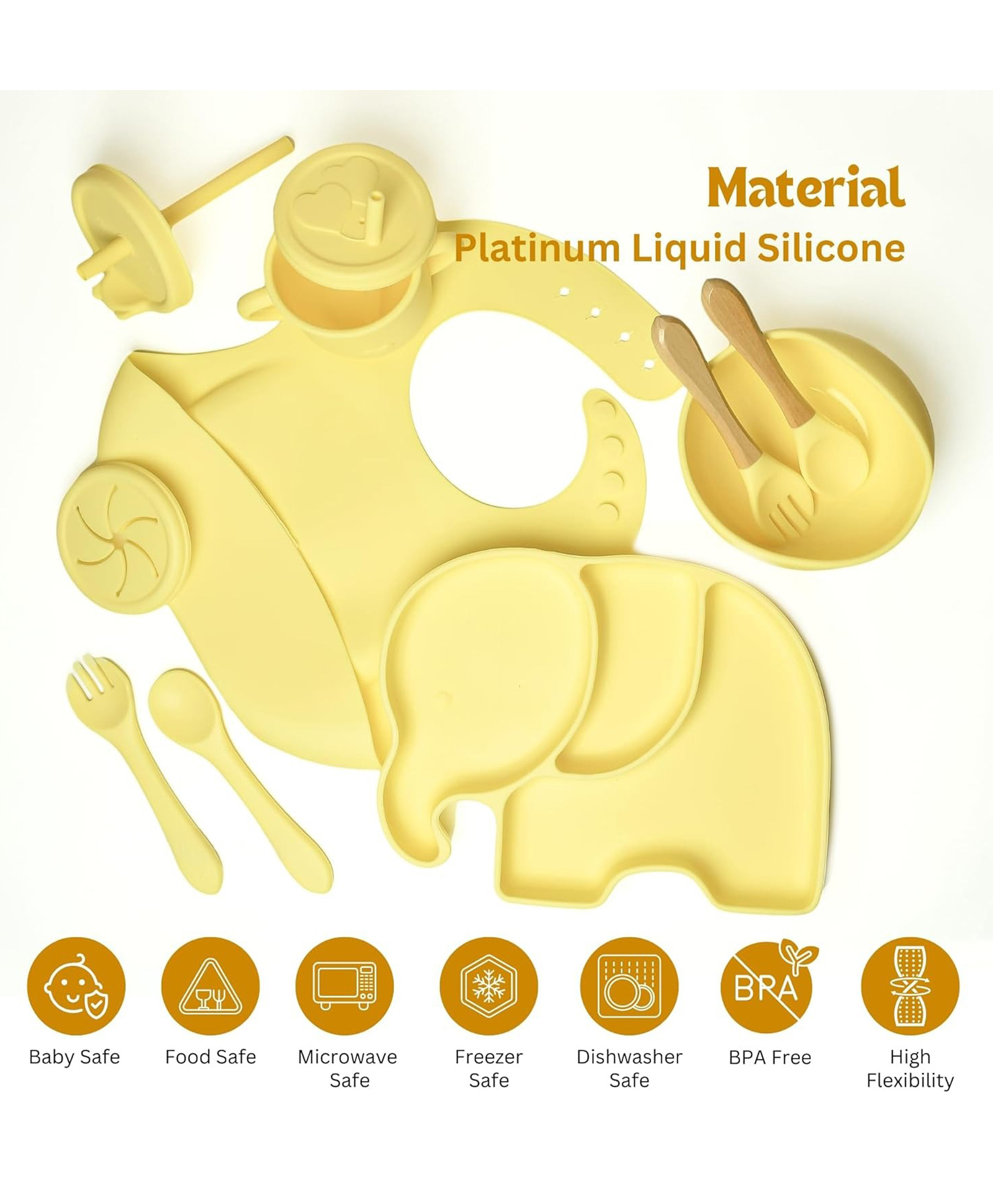 LuvlittleBaby Feeding Set I 11 Piece Baby Dining Set I Baby Bowl and Spoon Set, Bib, Snack/Sipper Cup - Yellow-image-45