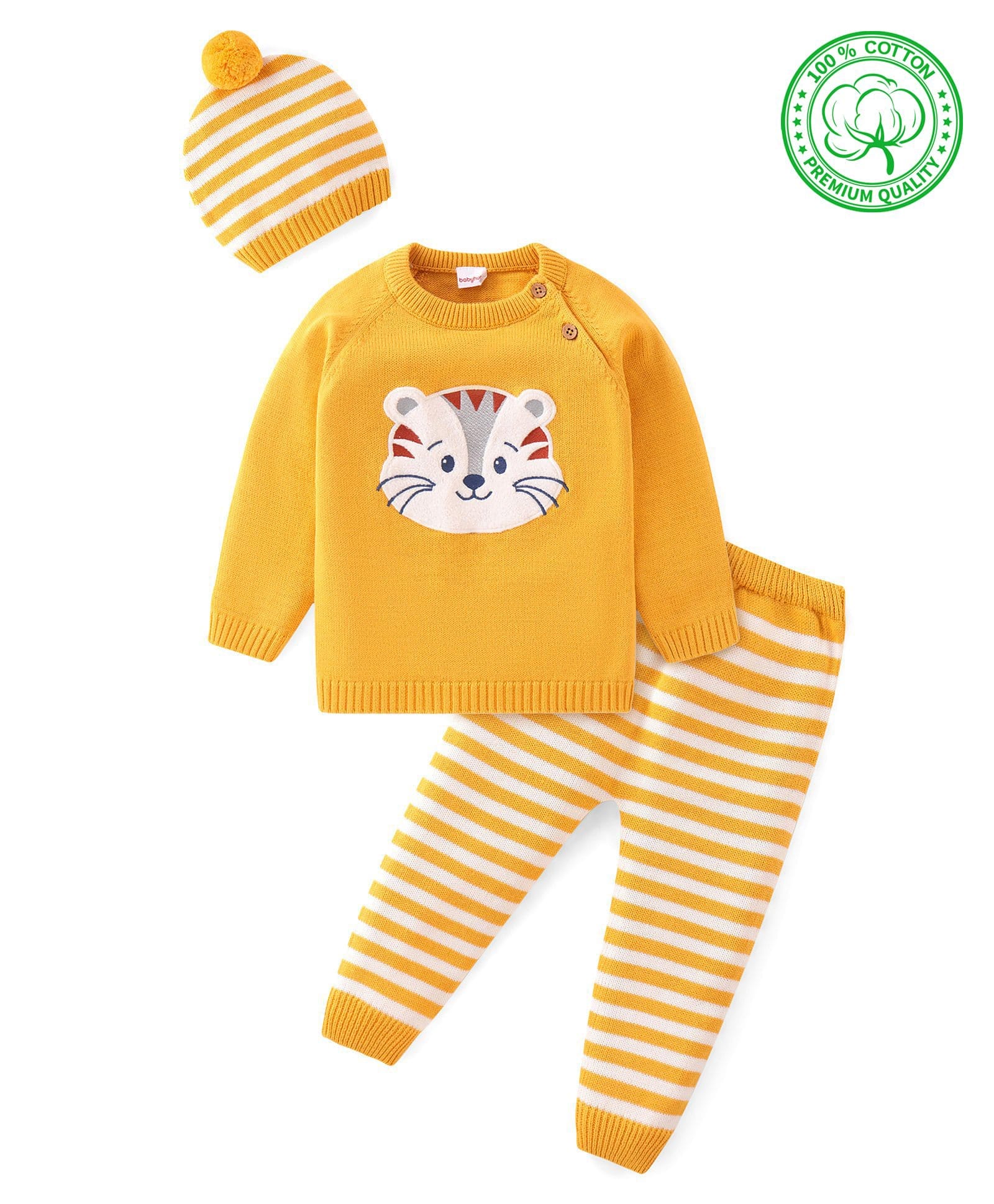 Babyhug Organic Cotton Knitted Full Raglan Sleeves Striped Sweater Set with Cap & Tiger Patch - Golden-picture-24