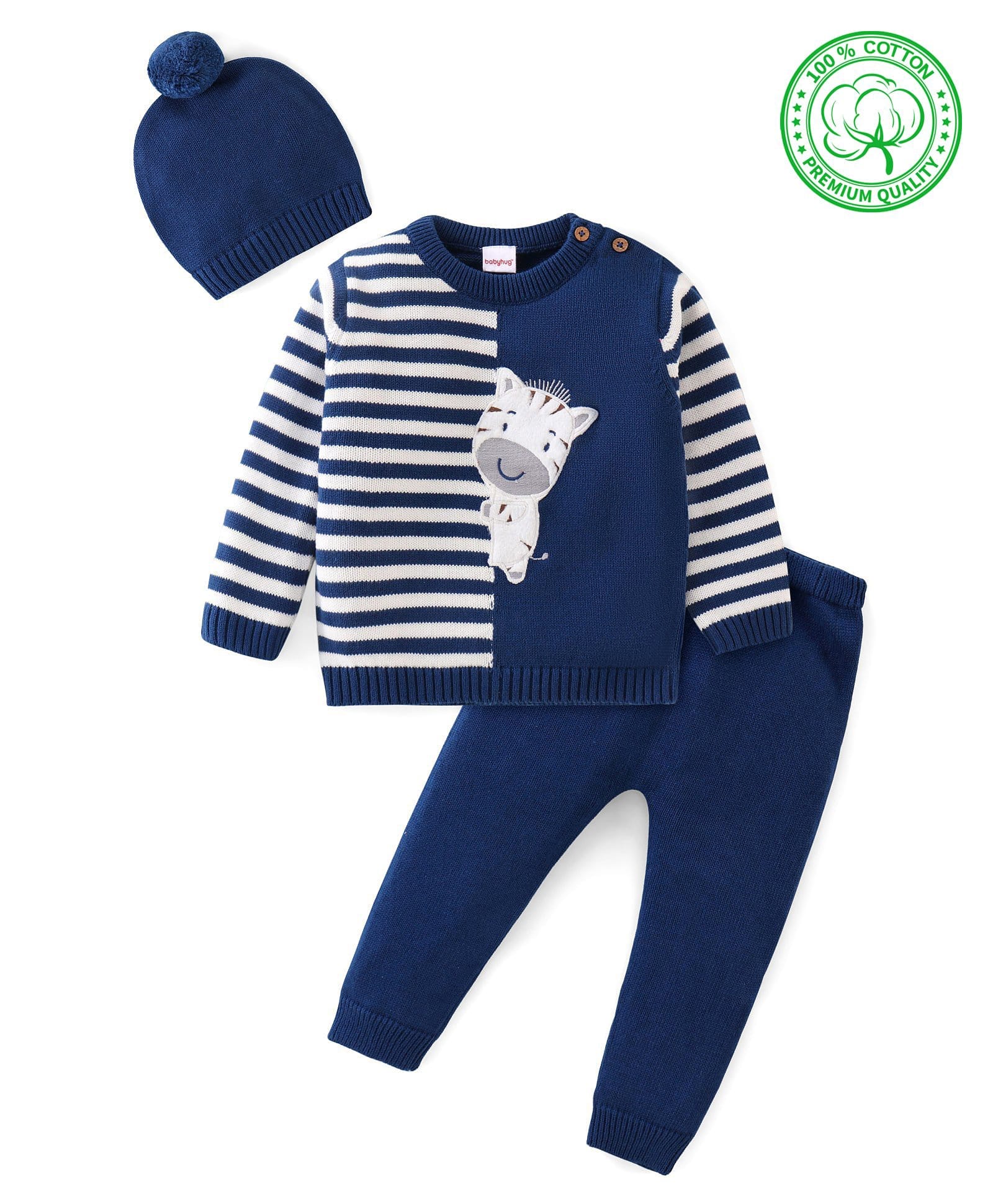 Babyhug Knitted Full Sleeves Striped Sweater Set with Cap & Zebra Patch - Royal Blue-picture-25