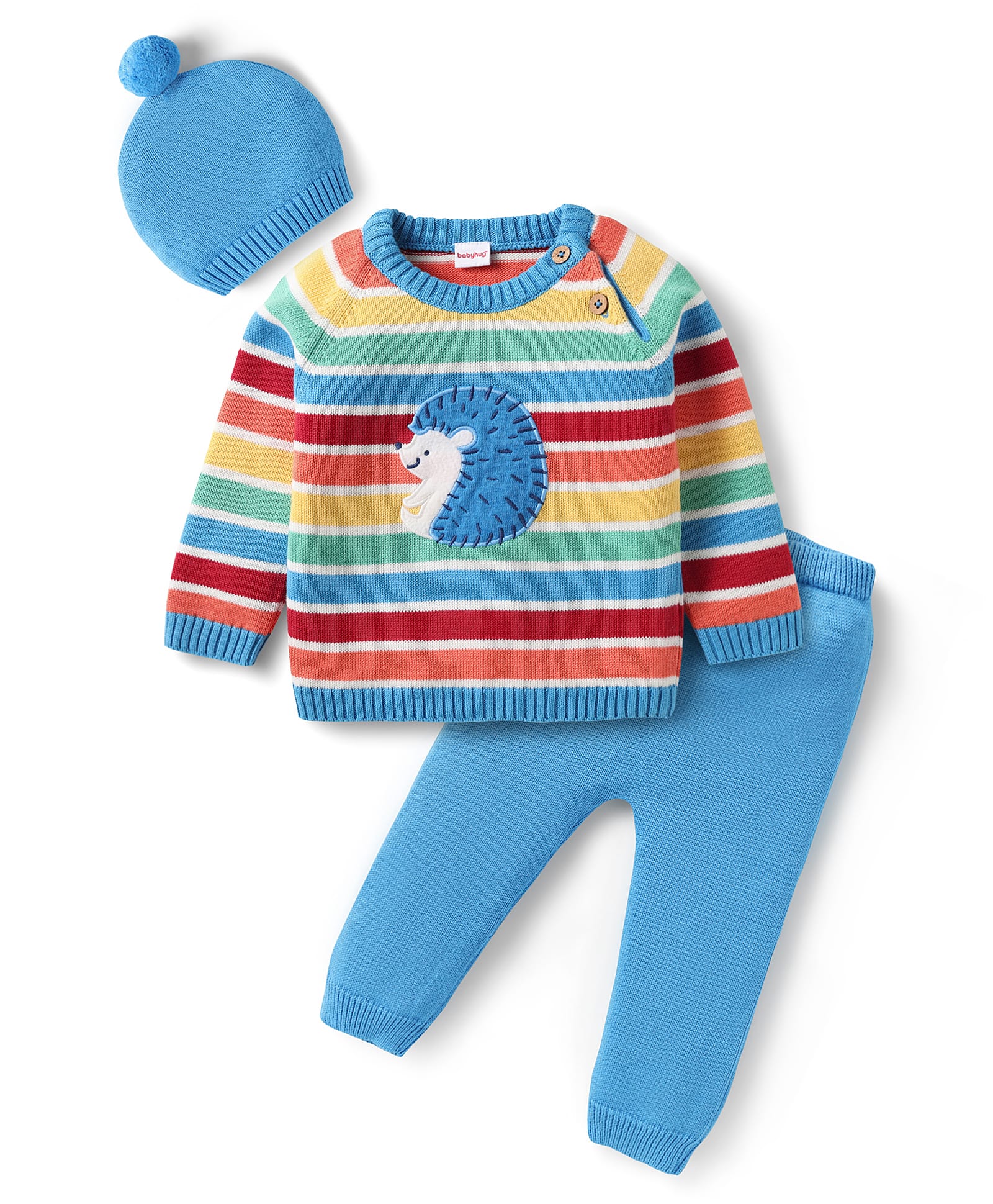 Babyhug Knitted Full Raglan Sleeves Pullover Striped Sweater Set with Cap & Hedgehog Design- Blue-picture-35
