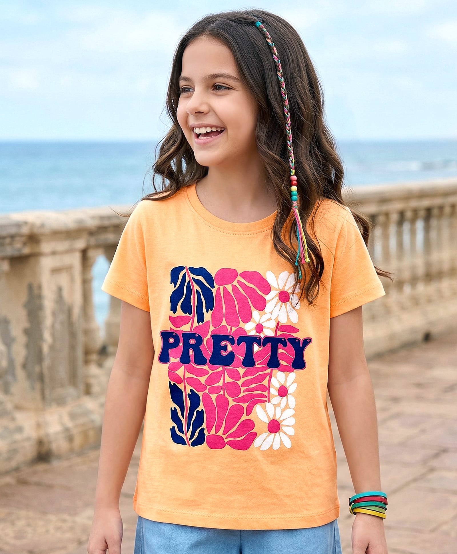 Pine Kids Cotton Kit Half Sleeves T-Shirt with Floral Print - Orange-image-8