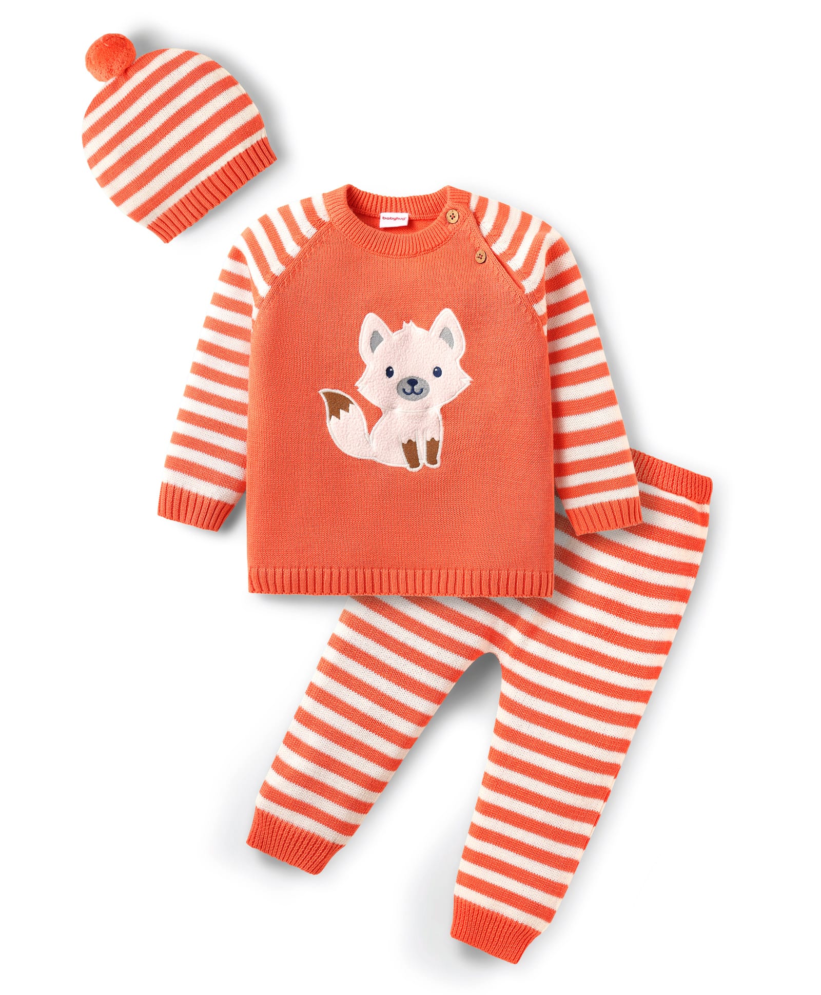 Babyhug Knit Full Raglan Sleeves Sweater Set with Cap & Fox Patch - Orange-image-40