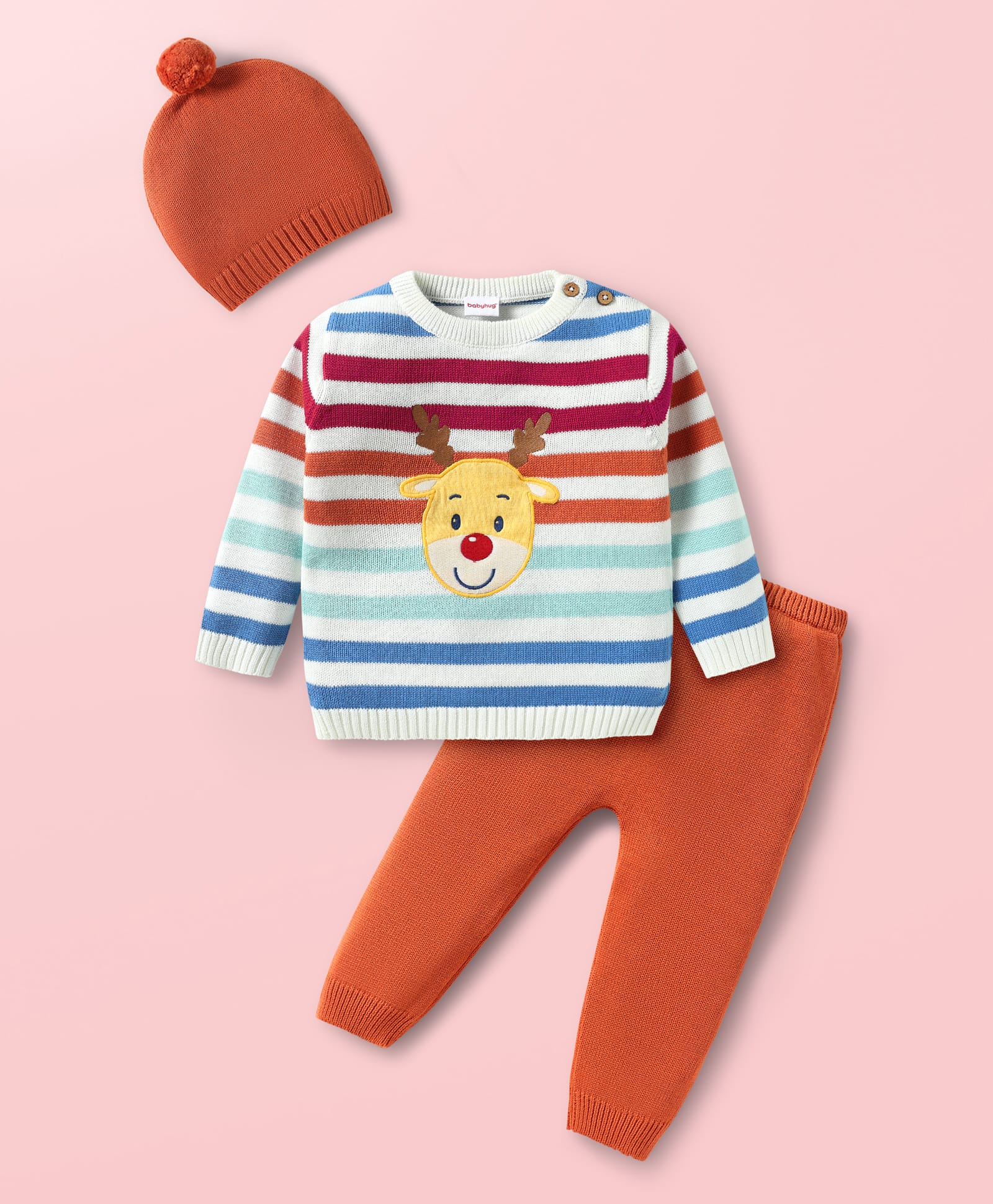 Babyhug Knitted Full Sleeves Pullover Sweater Set With Cap & Reindeer Patch Detailing - Orange-image-30