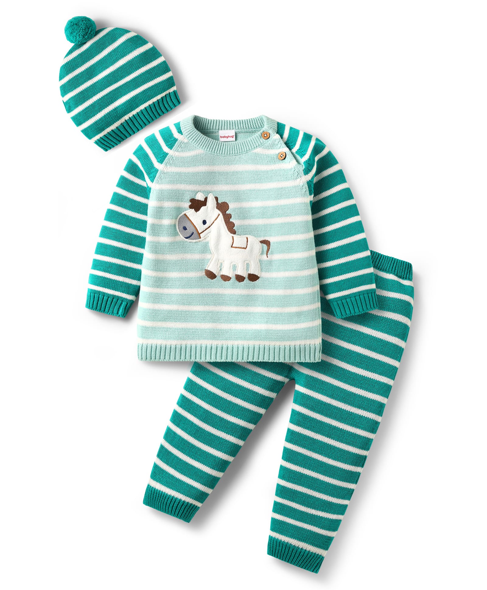 Babyhug Knitted Full Raglan Sleeves Pullover Sweater Set With Cap & Horse Patch Detailing - Green-picture-19
