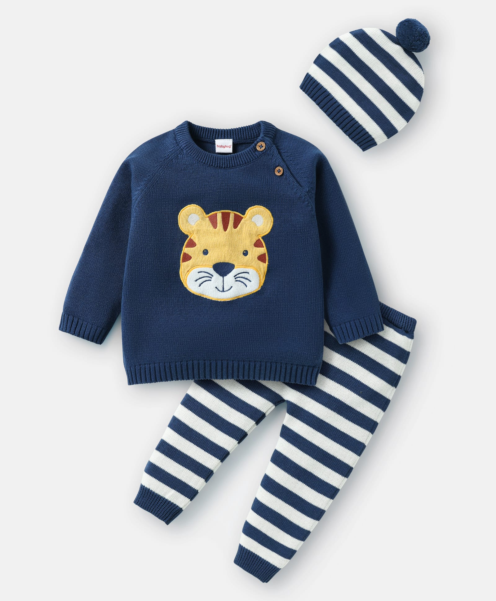 Babyhug Knit Full Raglan Sleeves Sweater Set With Stripes & Animal Patch Work Detailing with Cap - Royal Blue-image-38