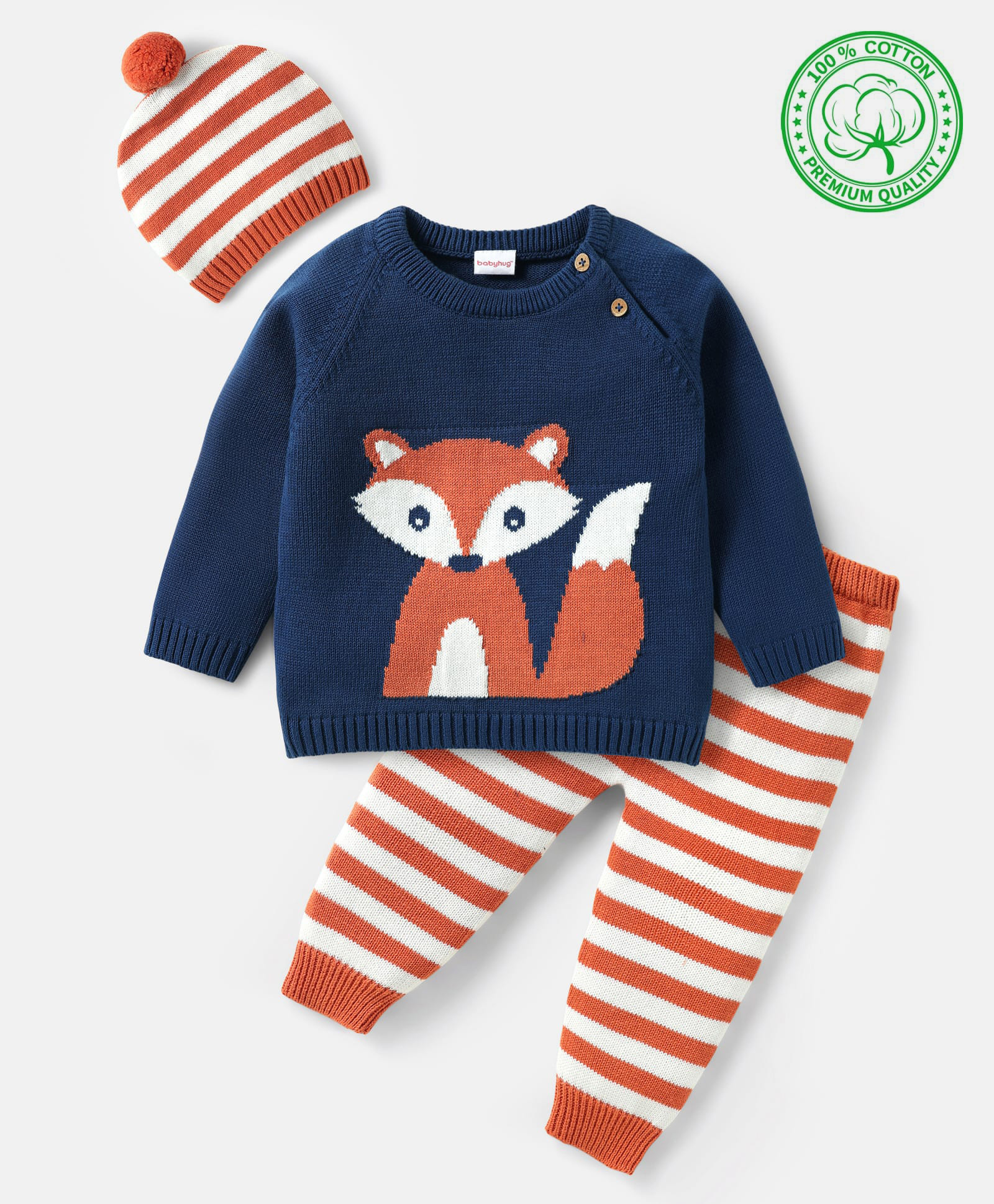 Babyhug Knitted Full Raglan Sleeves Pullover Sweater Set with Cap Striped & Fox Design - Royal Blue & Orange-picture-15