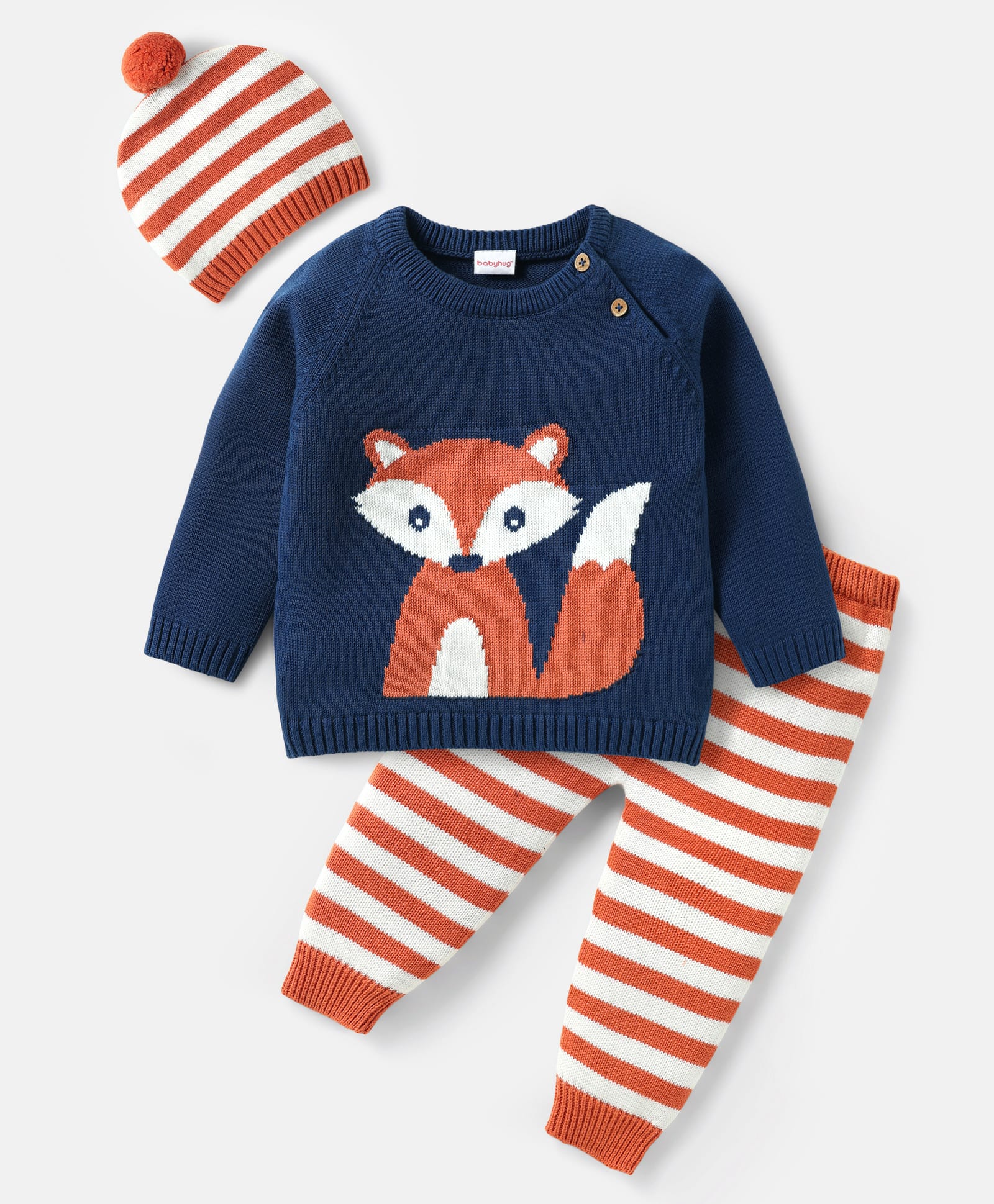 Babyhug Knitted Full Raglan Sleeves Pullover Sweater Set with Cap Striped & Fox Design - Royal Blue & Orange-picture-36