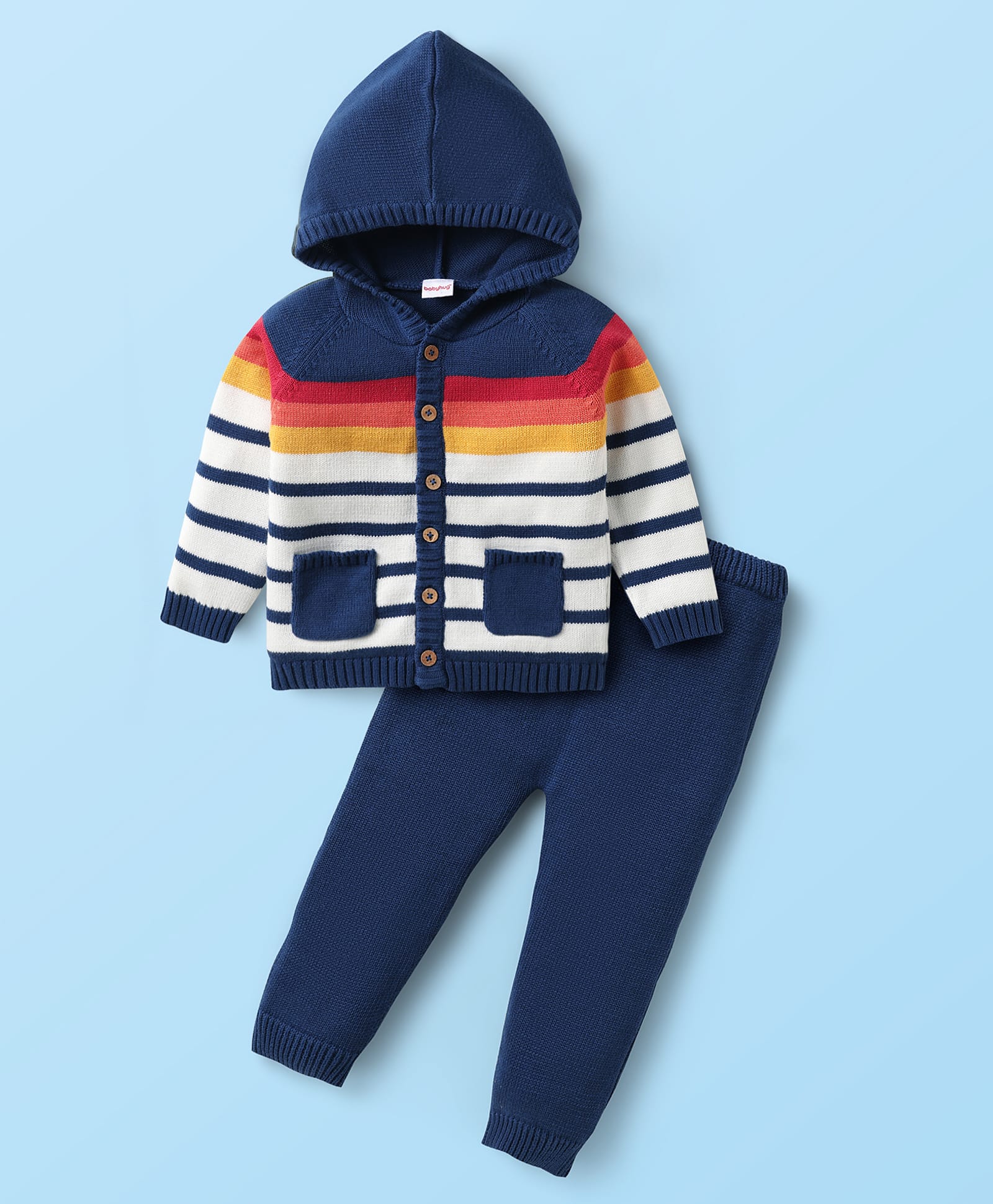Babyhug Knit Full Sleeves Hooded Sweater with Pockets & Pants with Stripes Design - Royal Blue-picture-35