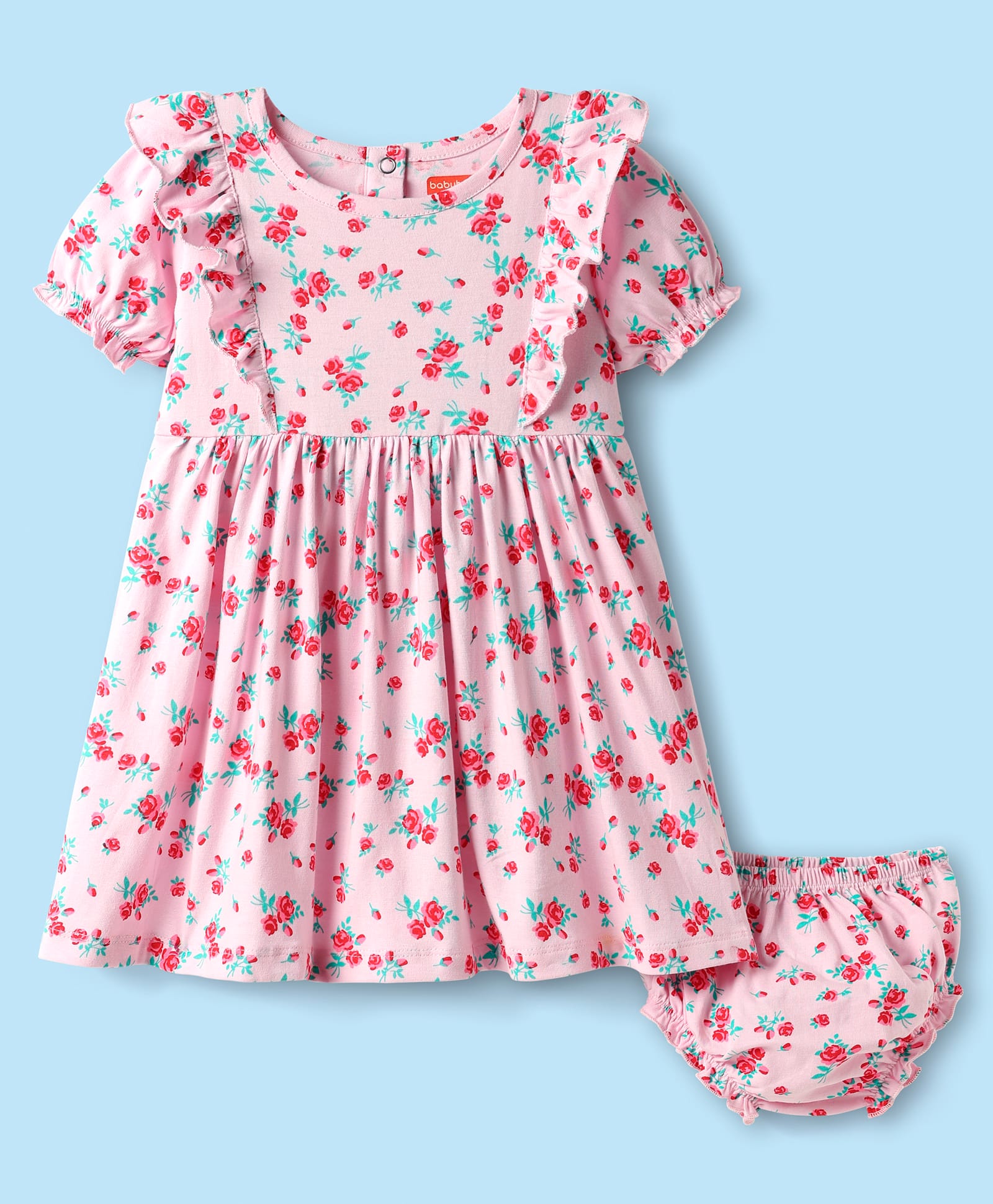Babyhug Single Jersey Knit Half Sleeves Floral Printed Frock With Bloomers - Pink-picture-34