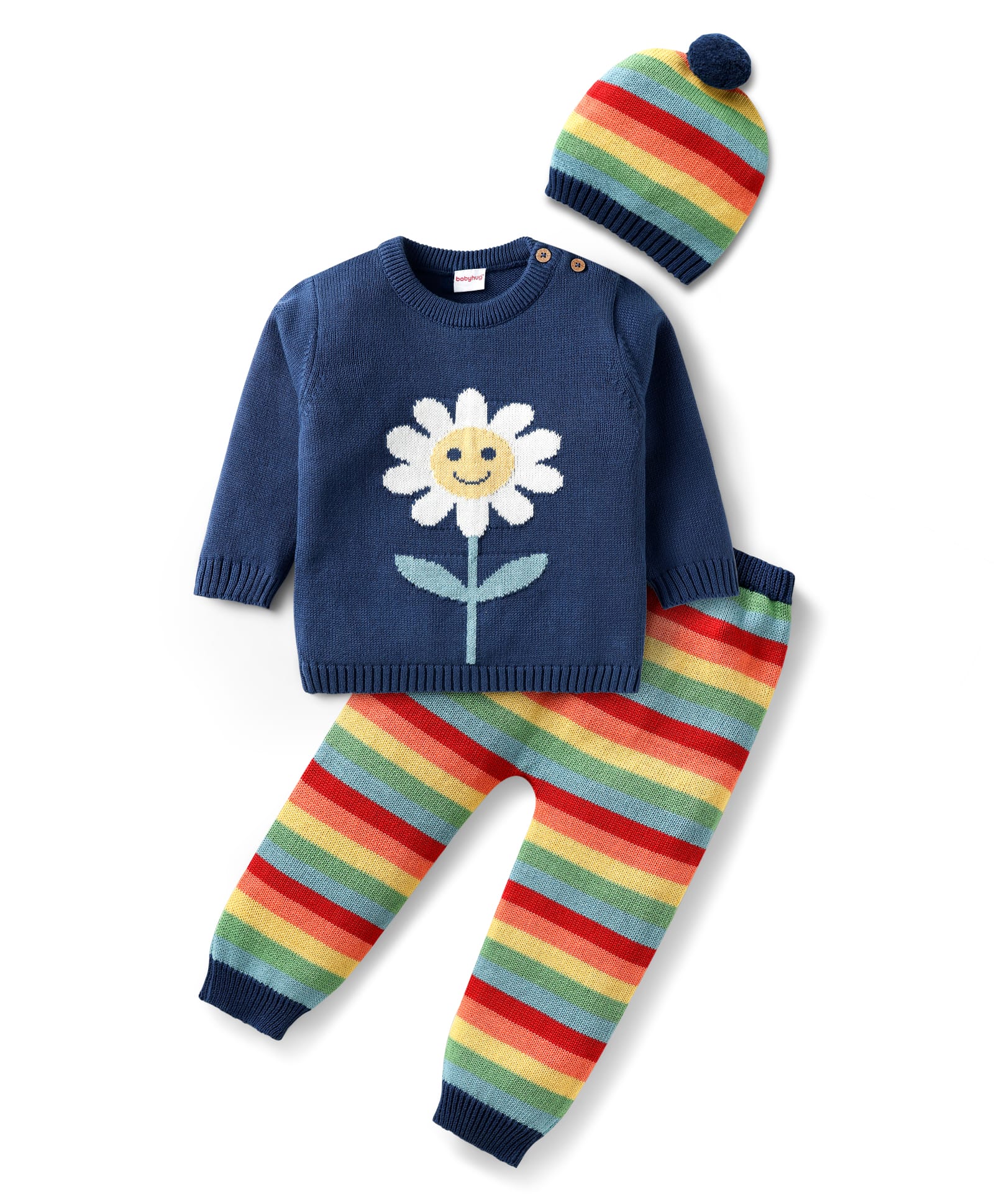 Babyhug Knitted Full Sleeves Pullover Striped Sweater Set with Cap & Floral Design - Navy Blue-picture-15