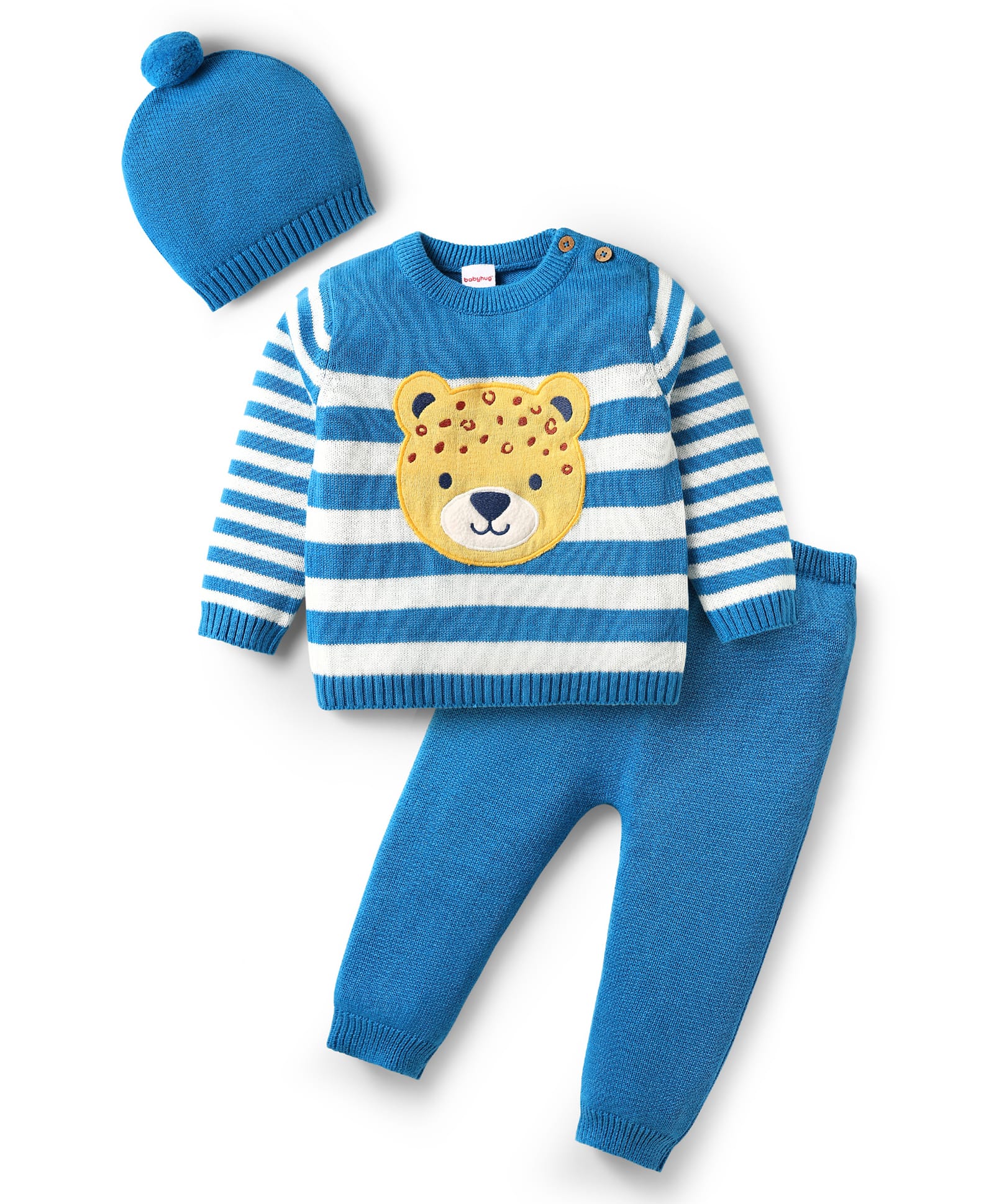 Babyhug Knit Full Sleeves Striped Sweater Set with Cap & Bear Patch - Blue-image-48