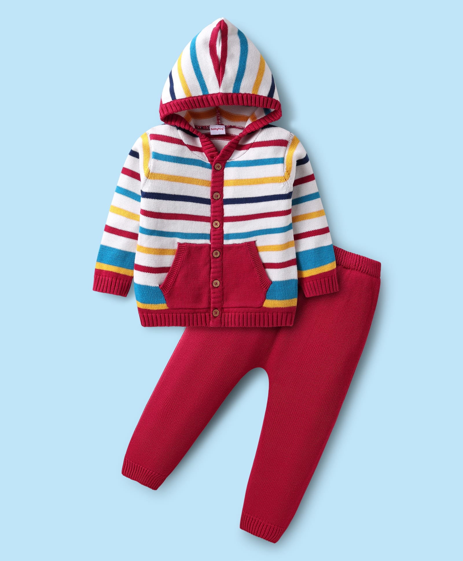 Babyhug Cotton Knit Full Sleeves Front Open Hooded Sweater Set with Stripes Design & Kangaroo Pockets - Red & White-picture-11