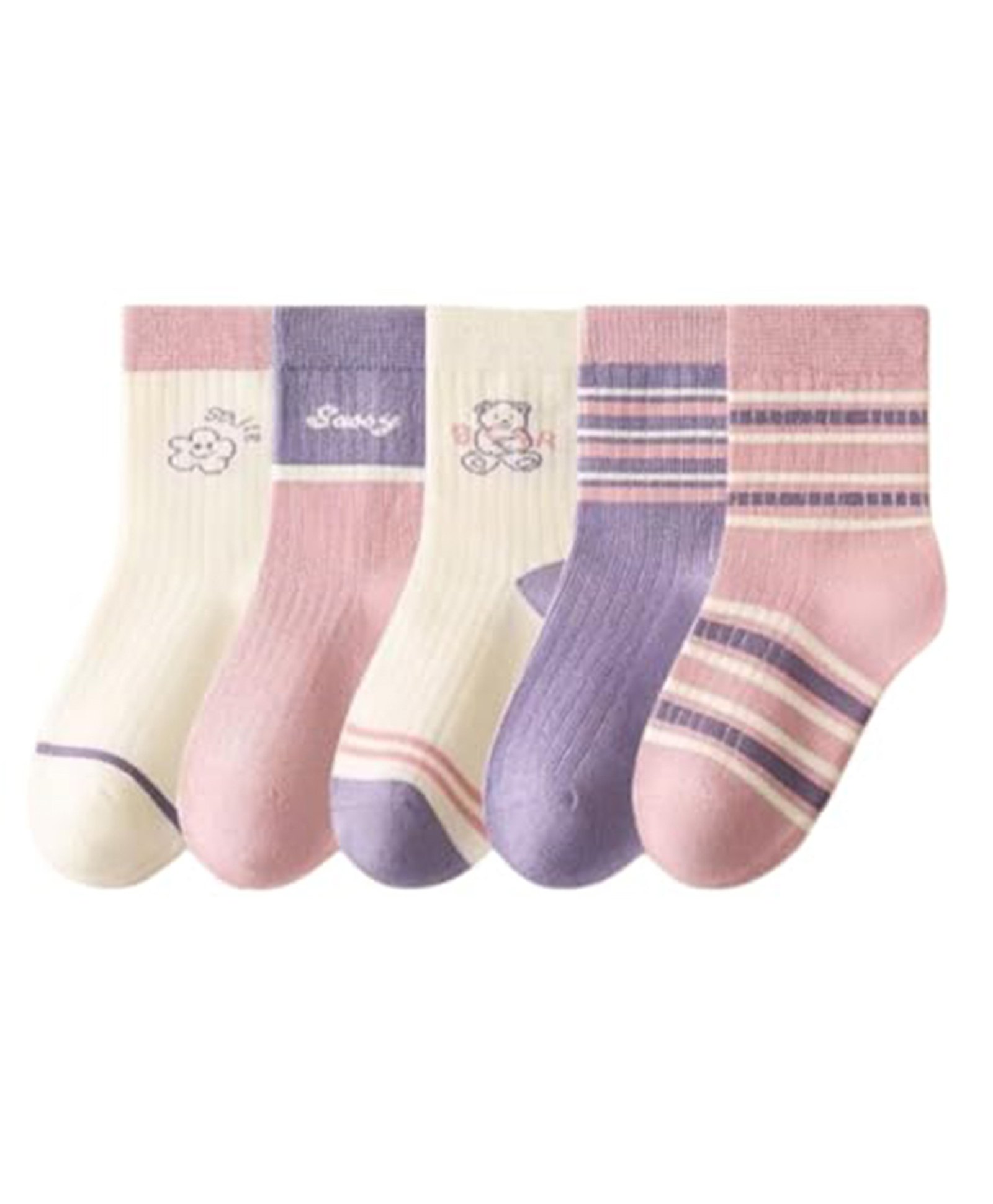 MOMISY Cotton Pack Of 5 Striped & Teddy Bear Designed Socks - Multi Colour-image-32