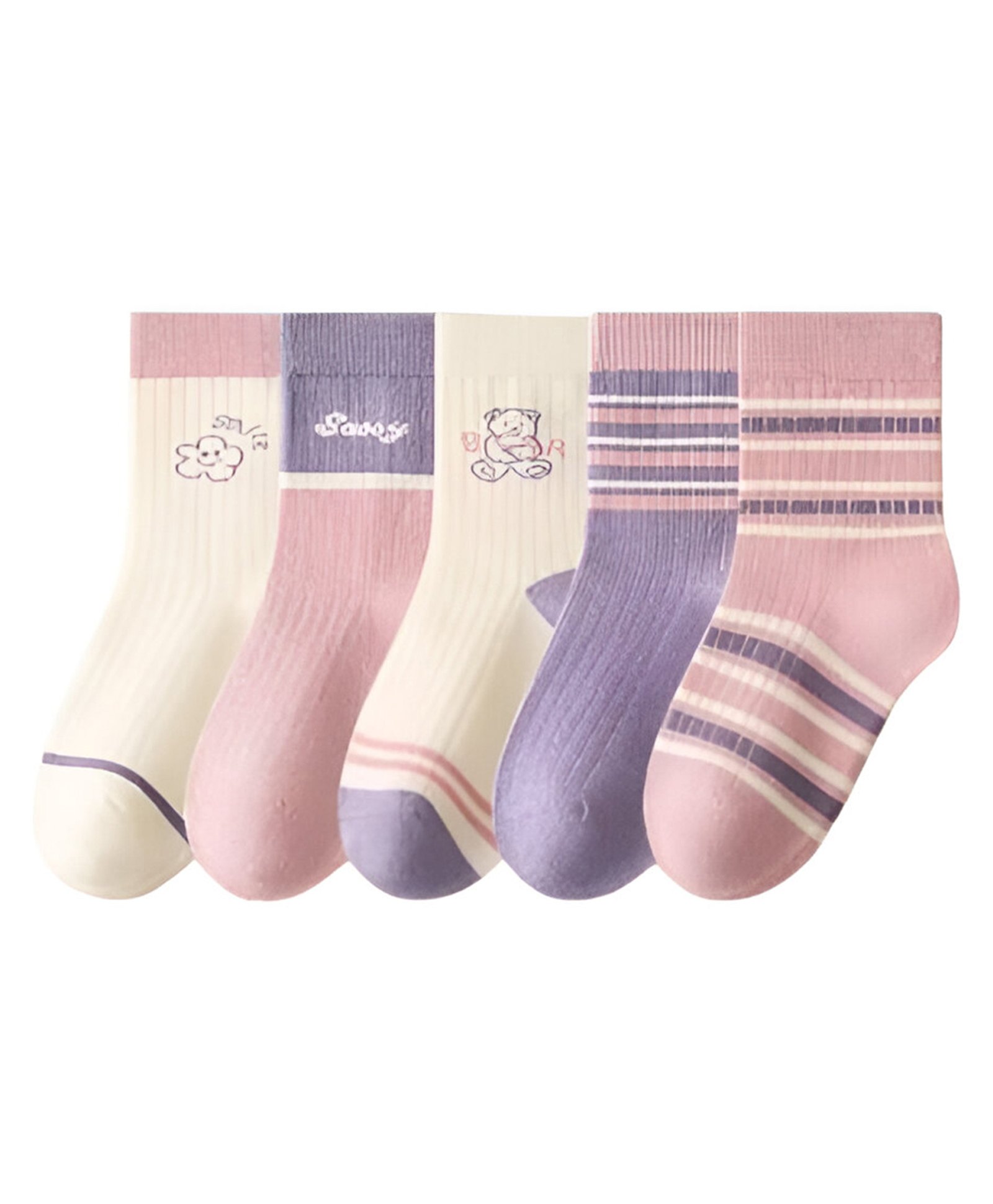 MOMISY Cotton Pack Of 5 Striped & Teddy Bear Designed Socks - Multi Colour-picture-23