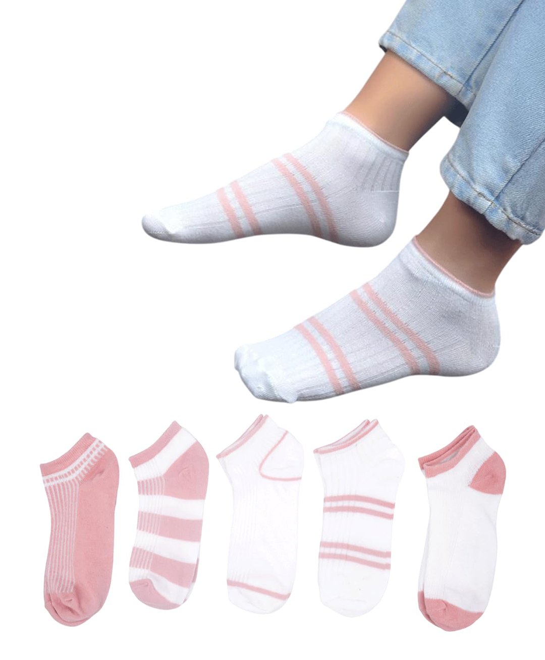 MOMISY Cotton Pack Of 5 Striped Low Ankle Socks - Multi Colour-image-48