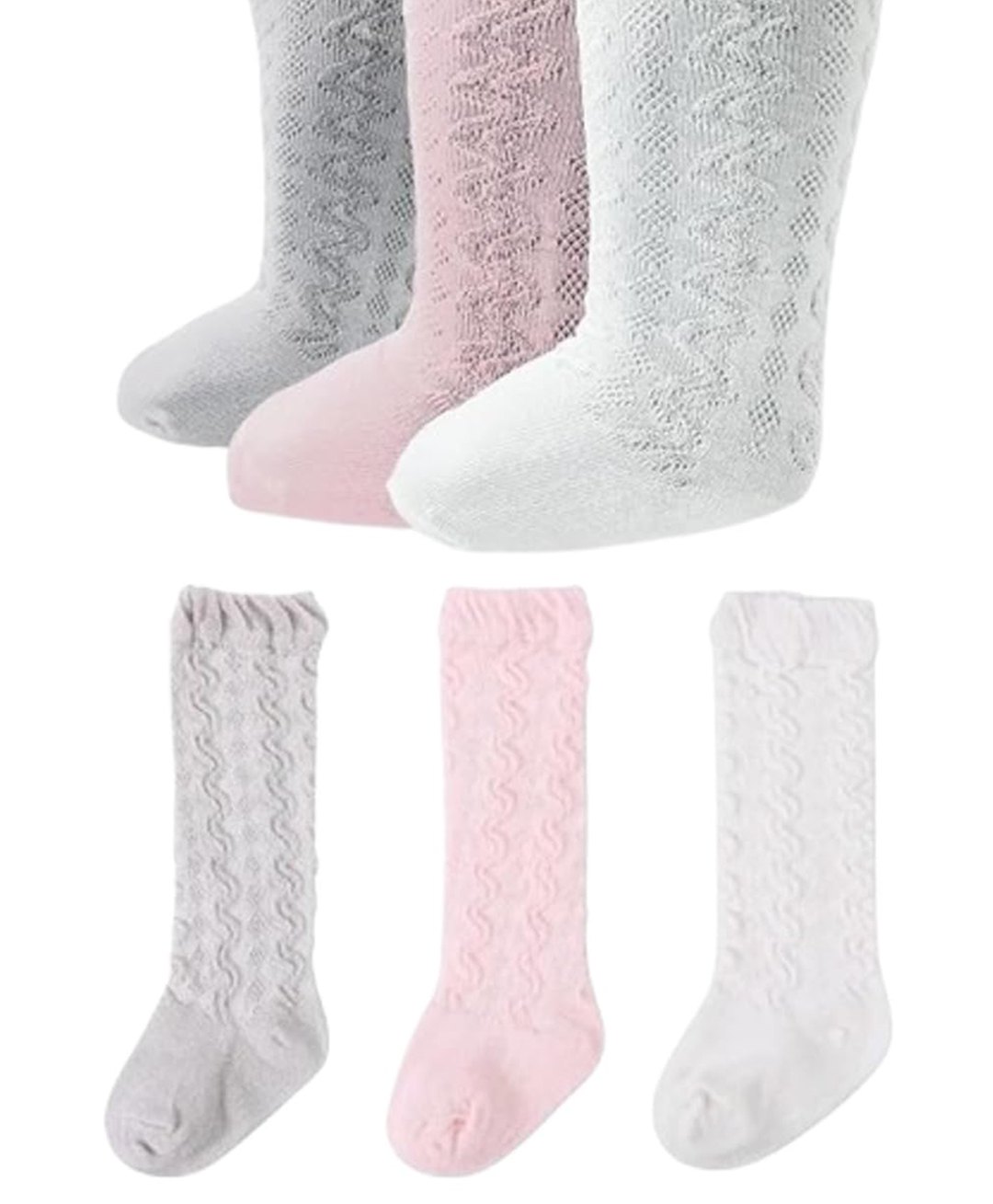 MOMISY Cotton Pack Of 3 Self Design Socks - Grey White & Pink-image-14