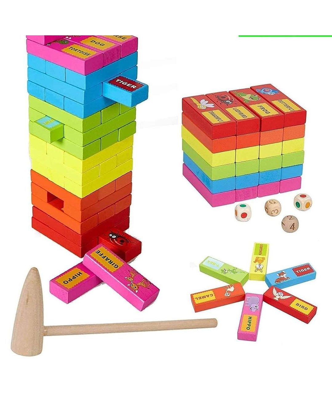 Magicwand 54 Pcs Wooden Stacking Blocks Toy with 4 Dices Hammer 5 Yrs & UpMulti-Colored-picture-4