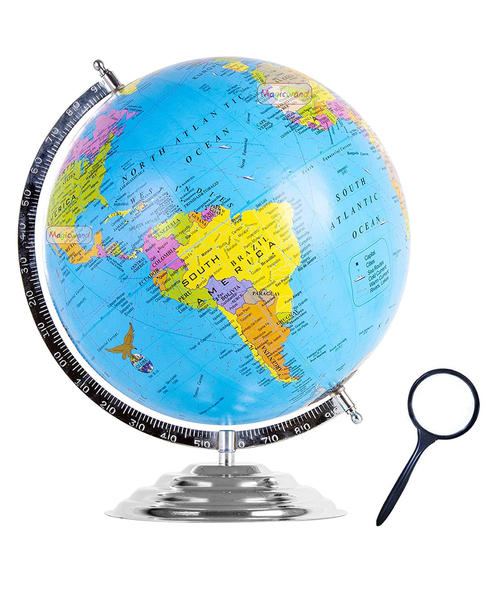 Magicwand STEM & STEAM Educational,Decorative Spinning Political Educational Laminated Rotating World Globe MADE IN INDIA 8" Chrome with Magnifier-picture-23