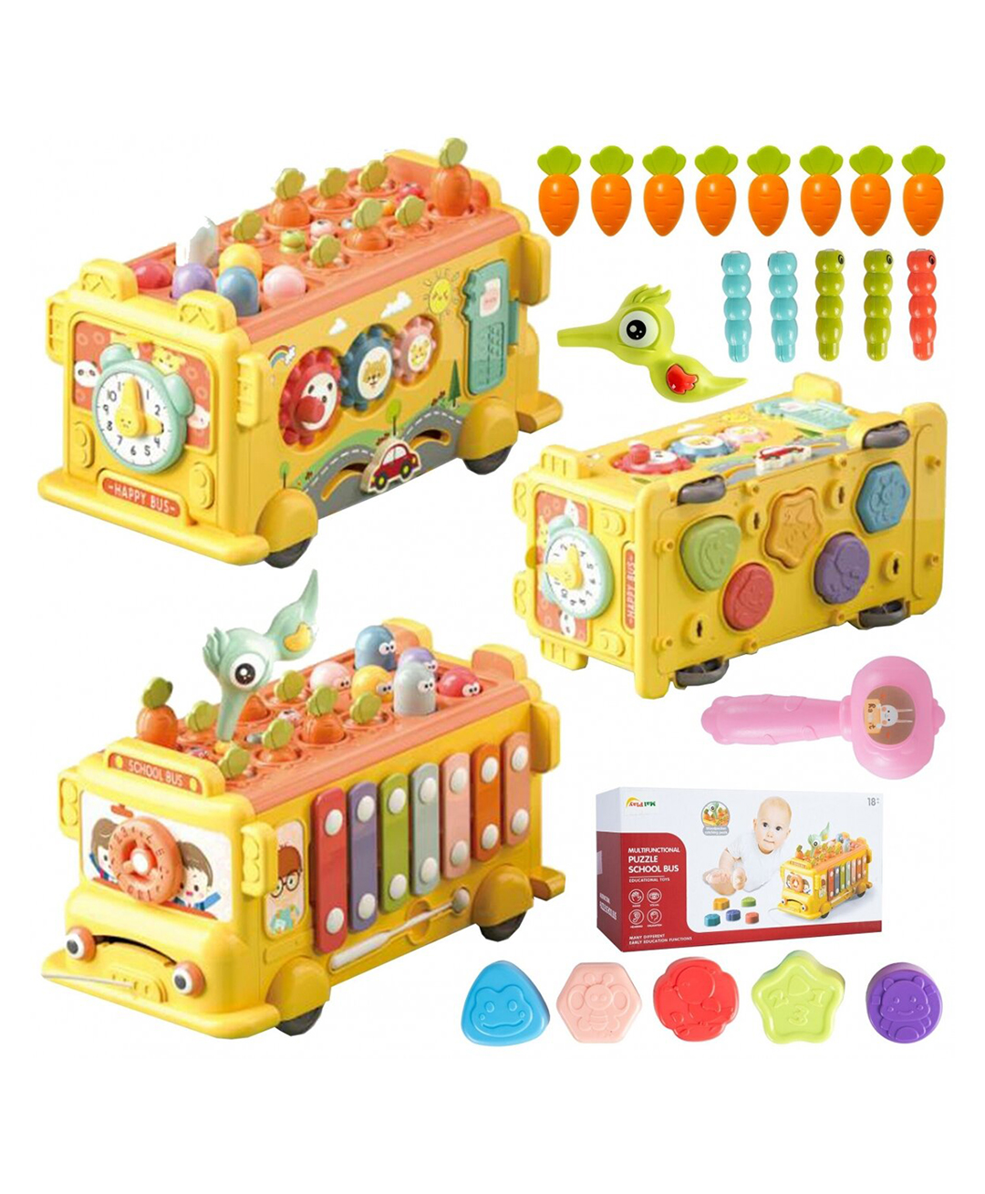 Magicwand Intelectual Montessori Musical Carrot Harvest,Fishing Shape Sorter Educational School Bus with 11 Functions with Display Box for Toddlers Pack of 1 Bus Multi-Colored-image-9