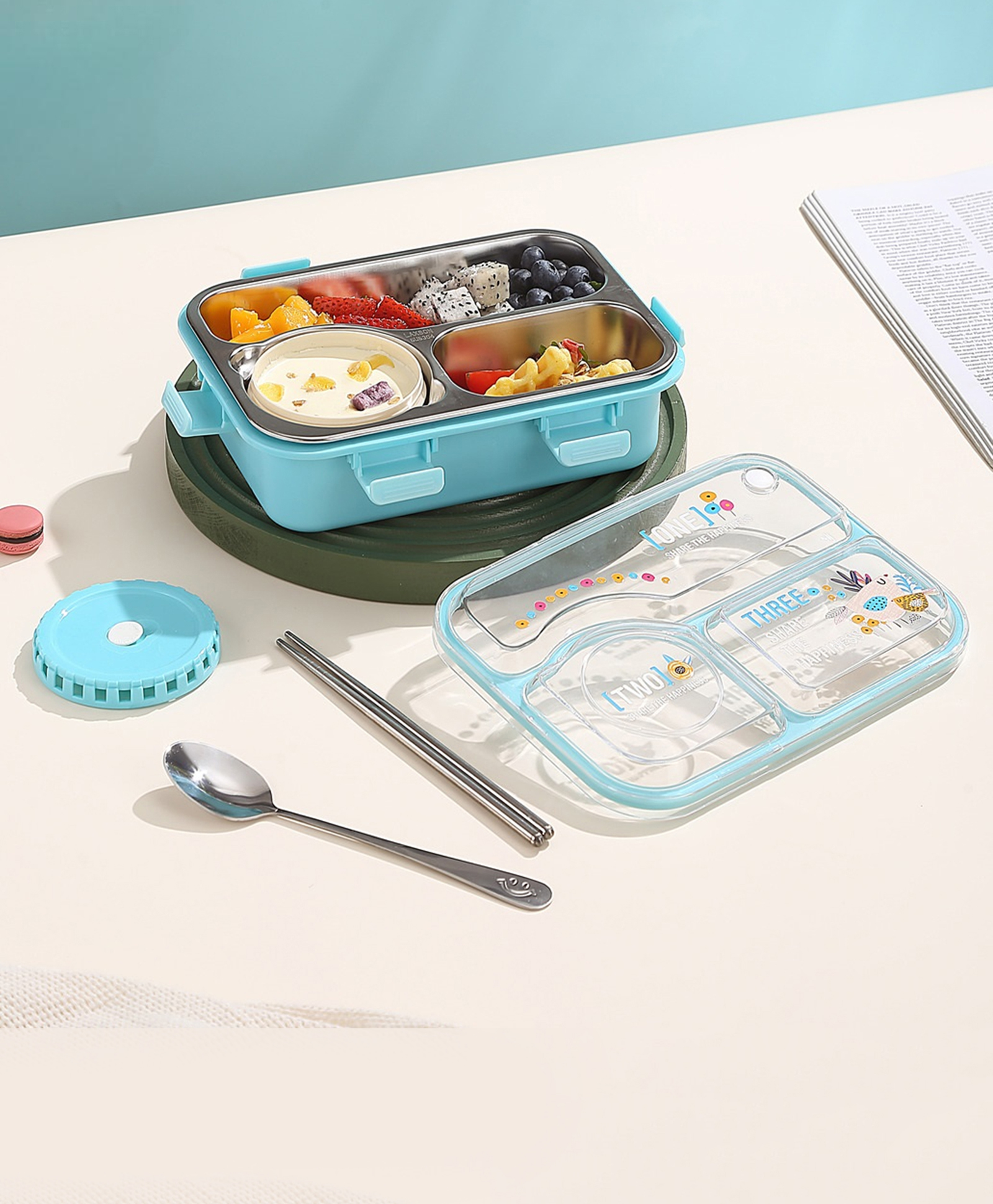 ATTRO Jupiter 3 Compartment Stainless Steel Lunch Box - Blue-picture-6