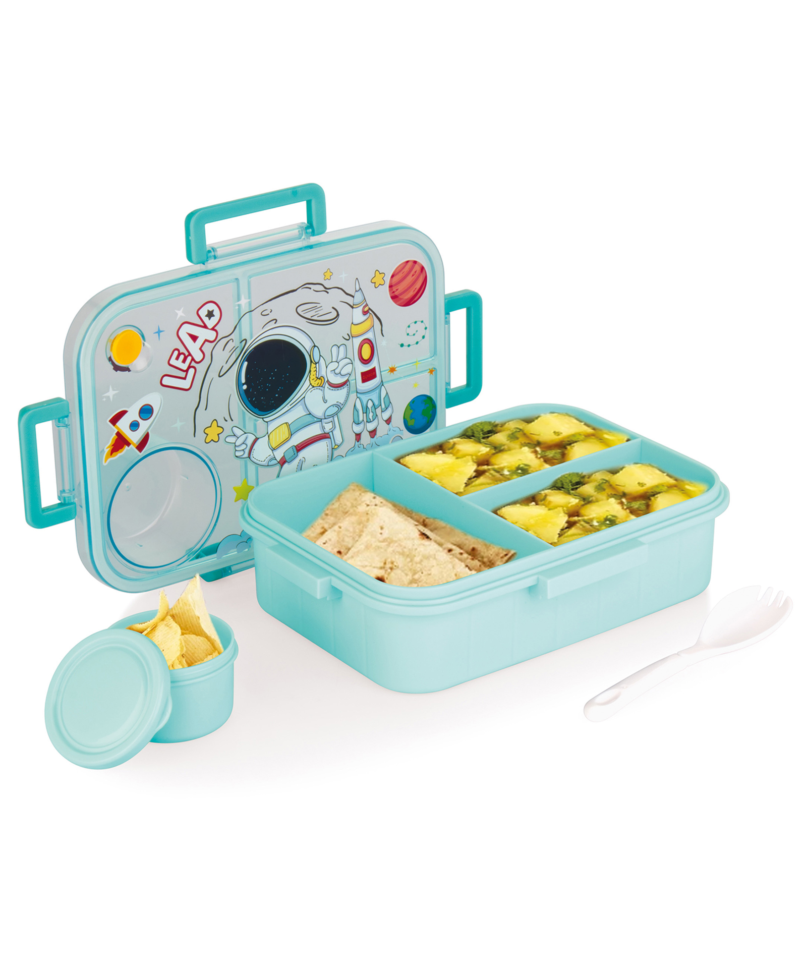 Attro Lunch Box Astronaut Space Theme Print with Inner Container & Spoon - Light Blue-picture-40