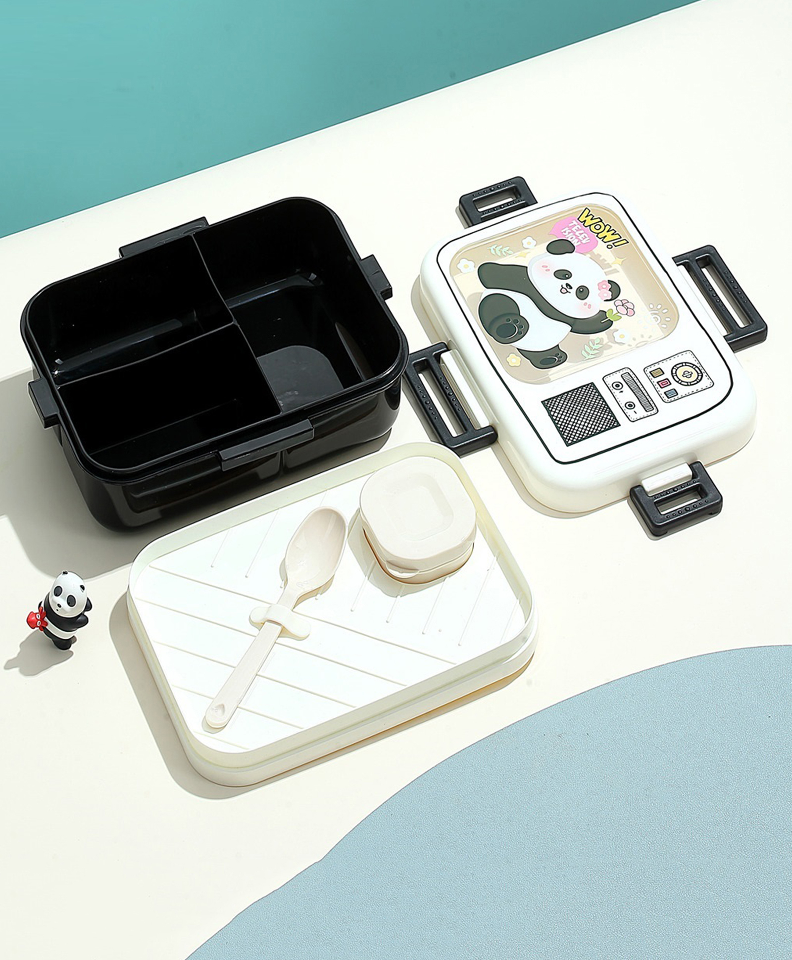 Attro Lunch Box Panda Theme Print with Inner Container & Spoon - Black & White-image-21