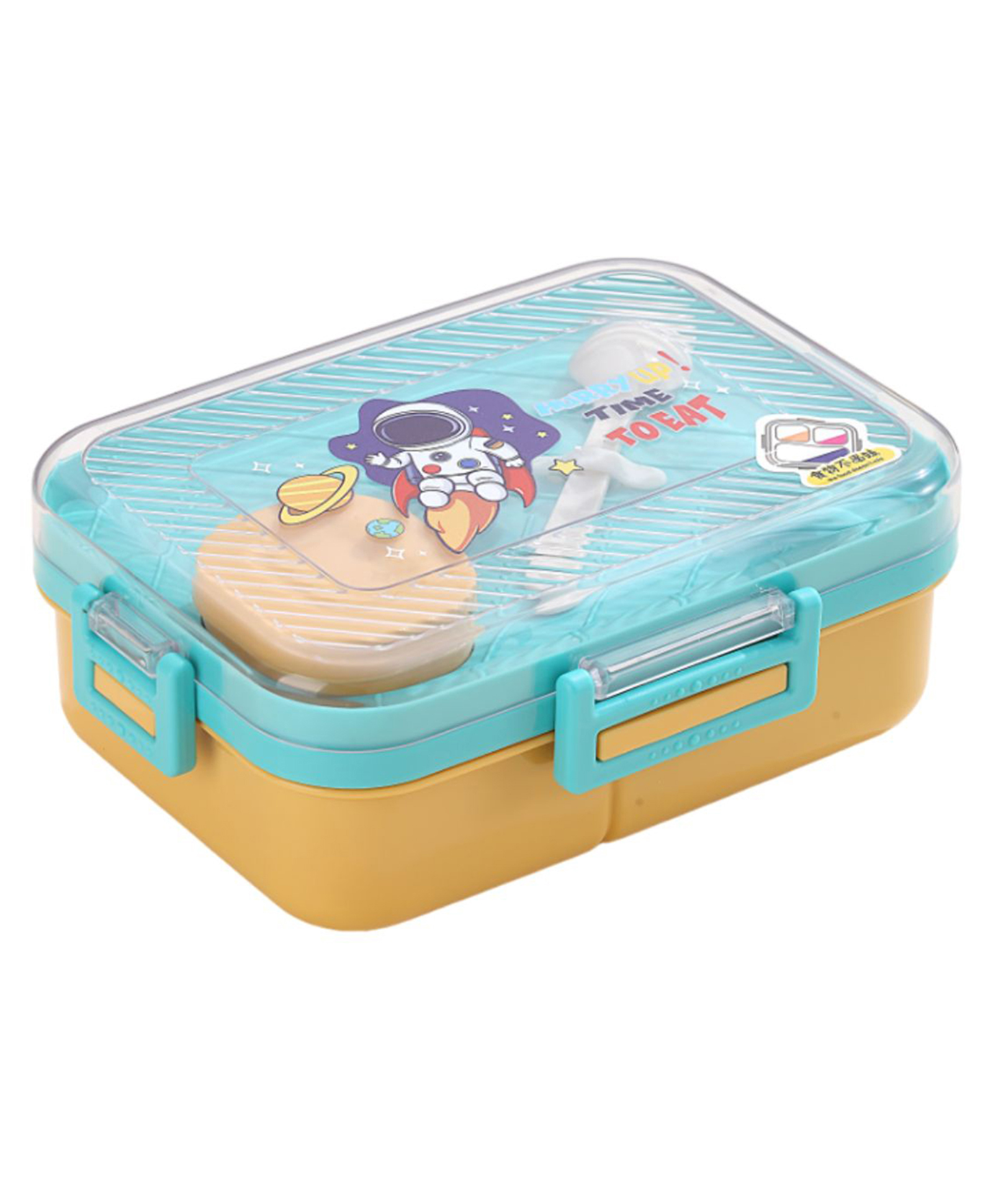 Attro Lunch Box Astronaut Theme Print with Inner Container & Spoon - Light Blue & Orange-picture-18