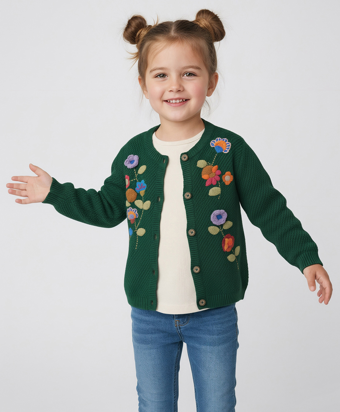 Bonfino 100% Cotton Knit Full Sleeves Front Open Sweater With Floral Embroidery - Green-picture-26