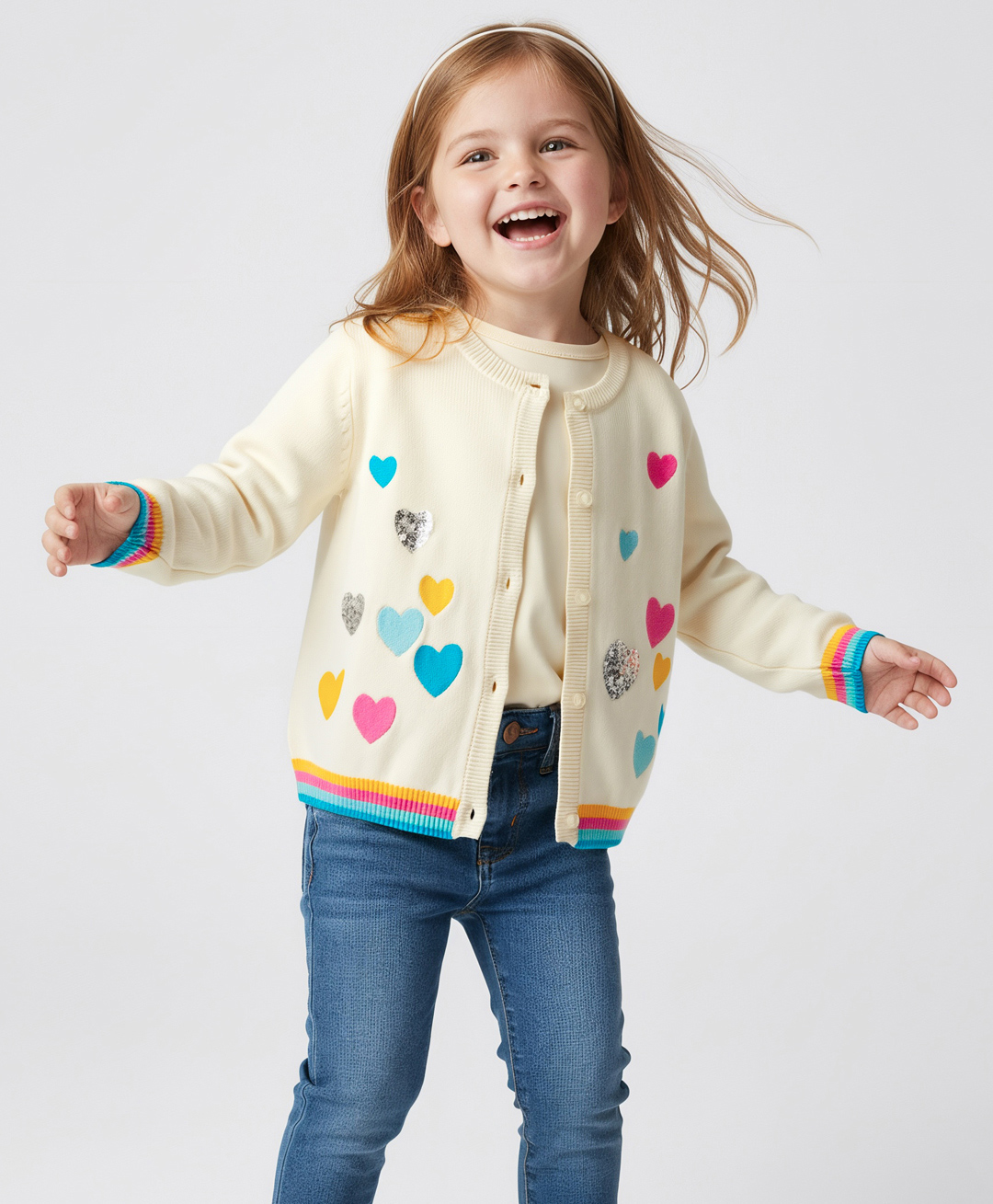Bonfino 100% Cotton Knit Full Sleeve Front Open Sweater with Heart Embroidery & Sequin Detailing - White-picture-40
