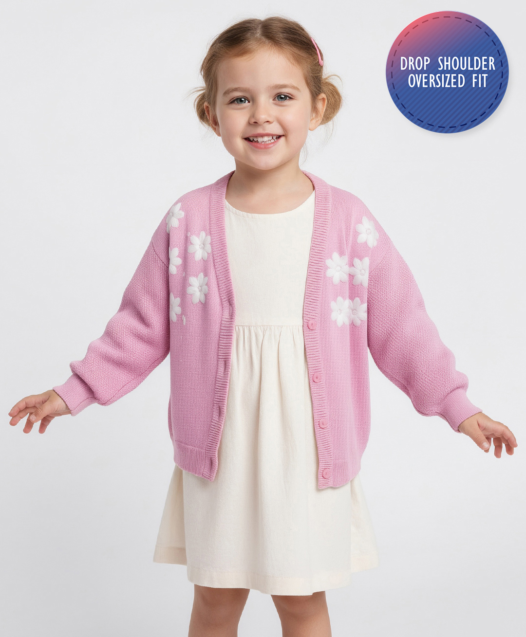 Bonfino 100% Cotton Knitted Full Sleeves Front Open Sweater with Floral Embroidery - Light Pink-picture-44