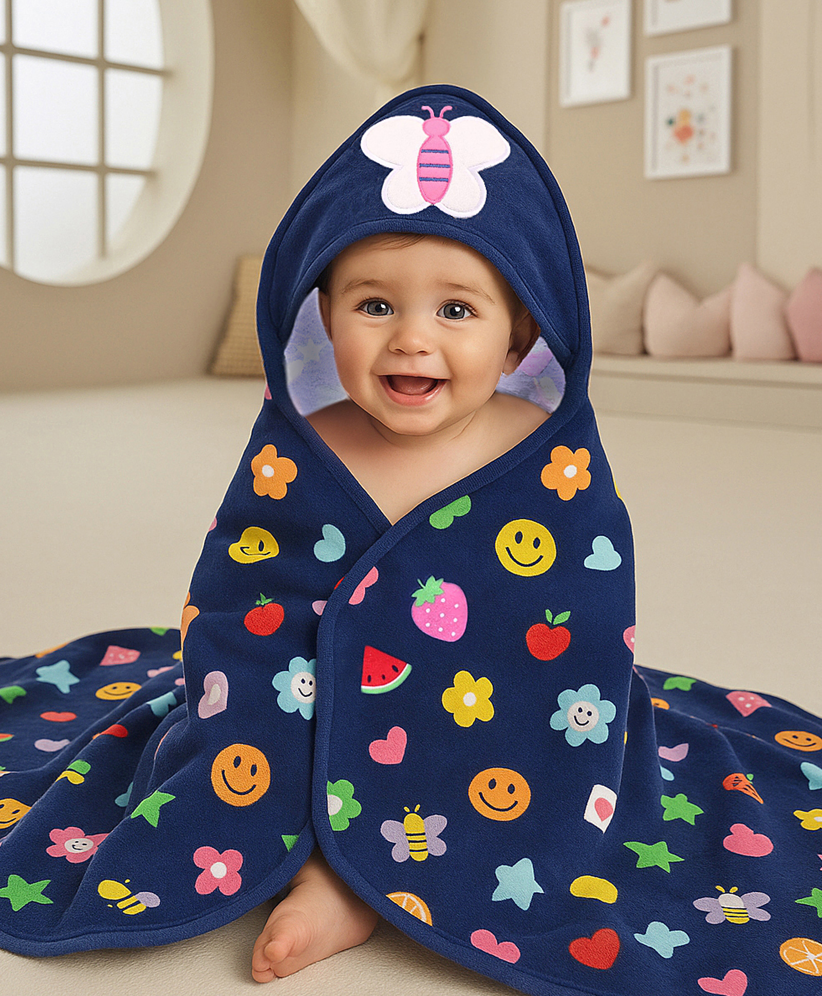Babyhug Cotton Terry Knit Hooded Bath Towel with Butterfly & Fruits Print L 76 x B 76 cm - Navy Blue-image-21