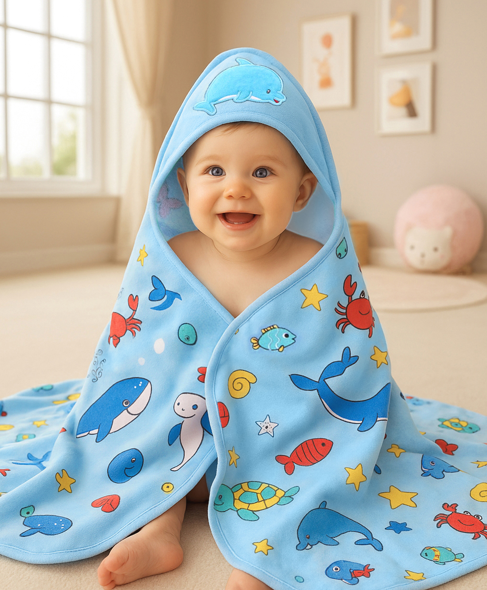 Babyhug Cotton Terry Knit Hooded Bath Towel with Sea Life Print L 76 x B 76 cm - Light Blue-image-20