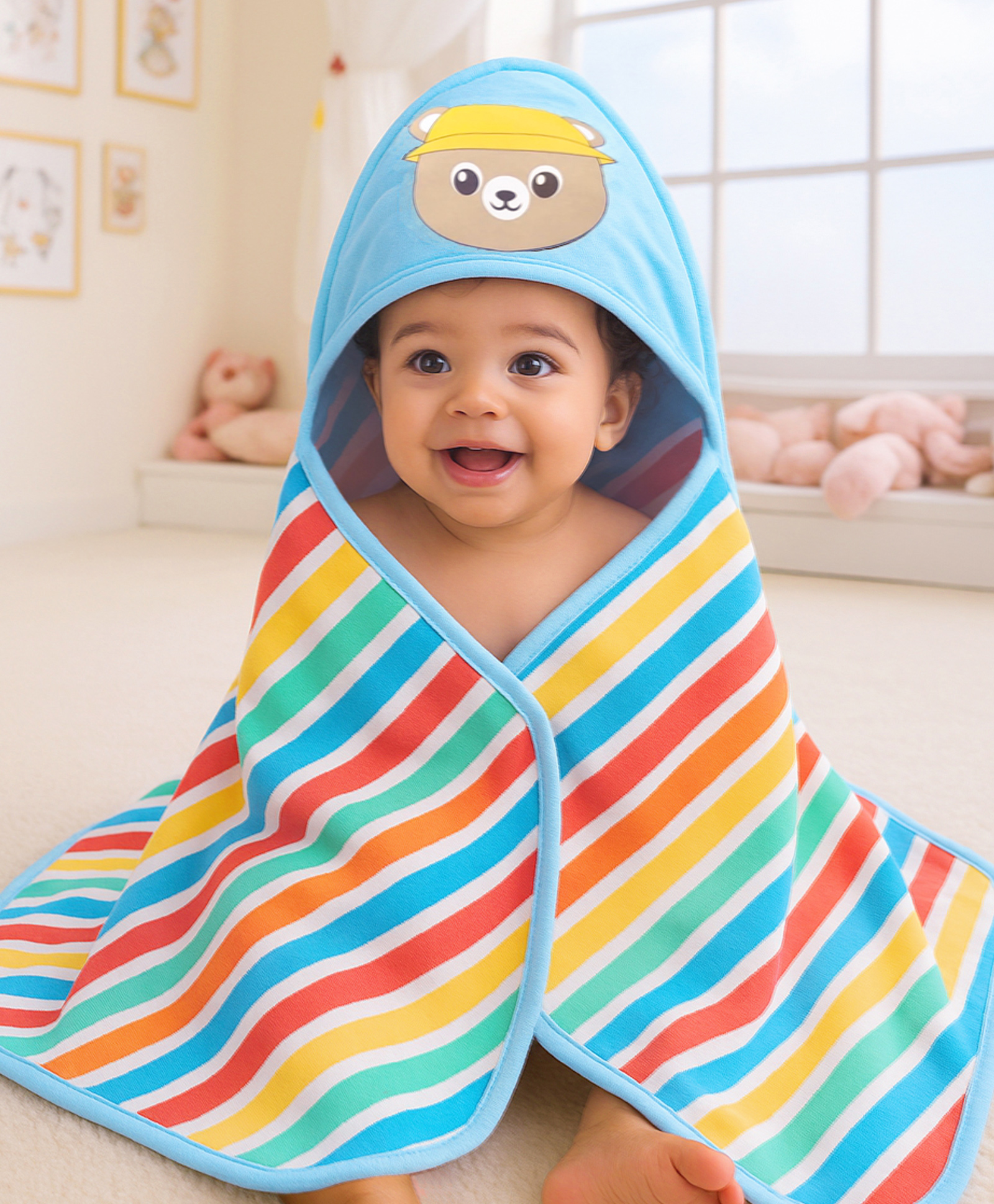 Babyhug Cotton Terry Knit Hooded Bath Towel with Stripe Design & Bear Print L 76 x B 76 cm - Multicolor-image-6