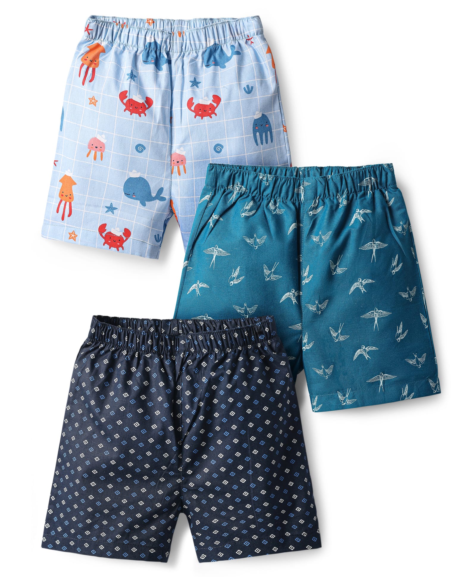 Babyhug Cotton Woven Above Knee Length Boxers With Fish & Bird Print Pack Of 3 - Navy Blue Teal Blue & Light Blue