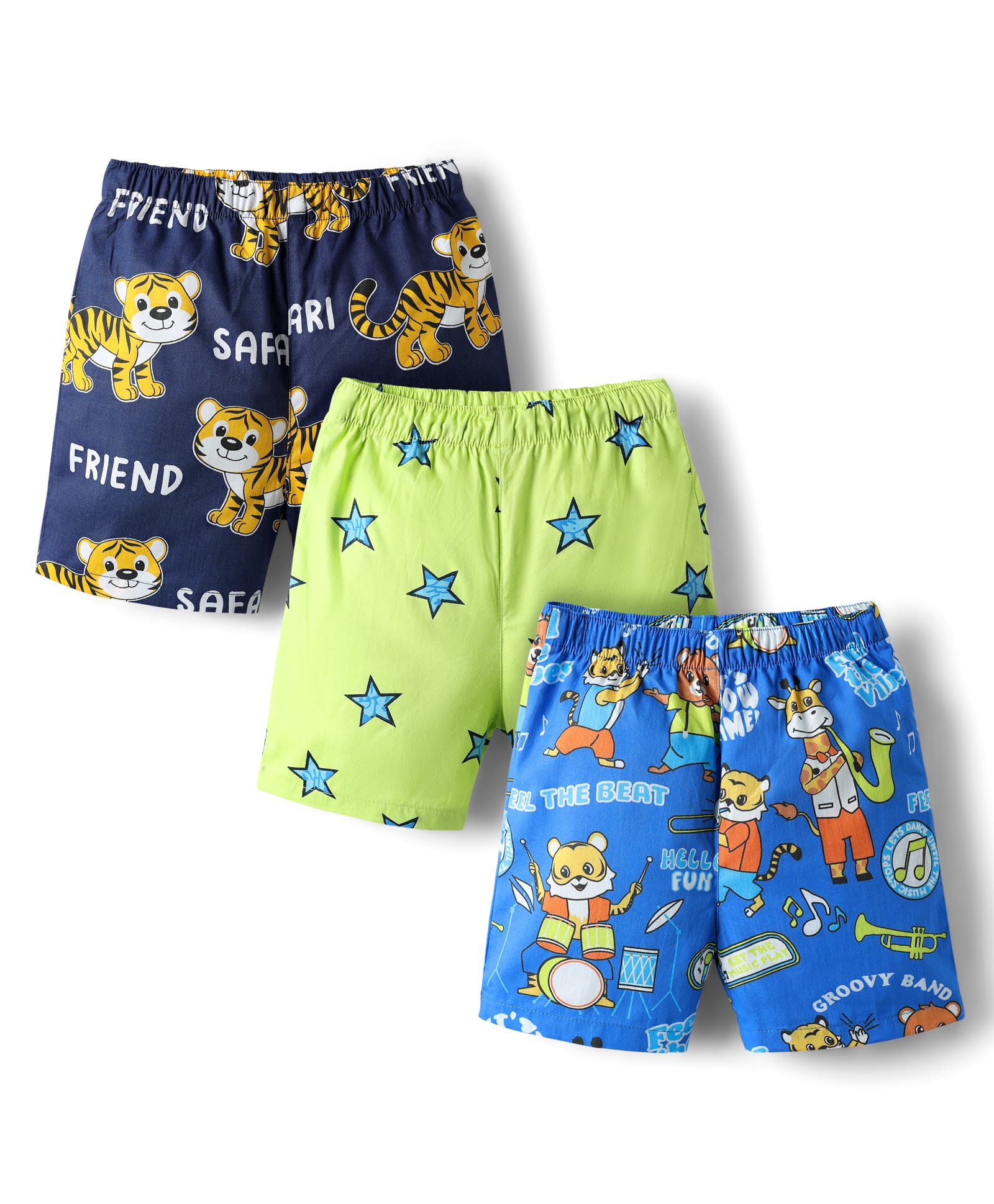 Babyhug Cotton Woven Above Knee Length Boxer With Animals & Star Print Pack Of 3 - Navy Blue Green & Blue-picture-28