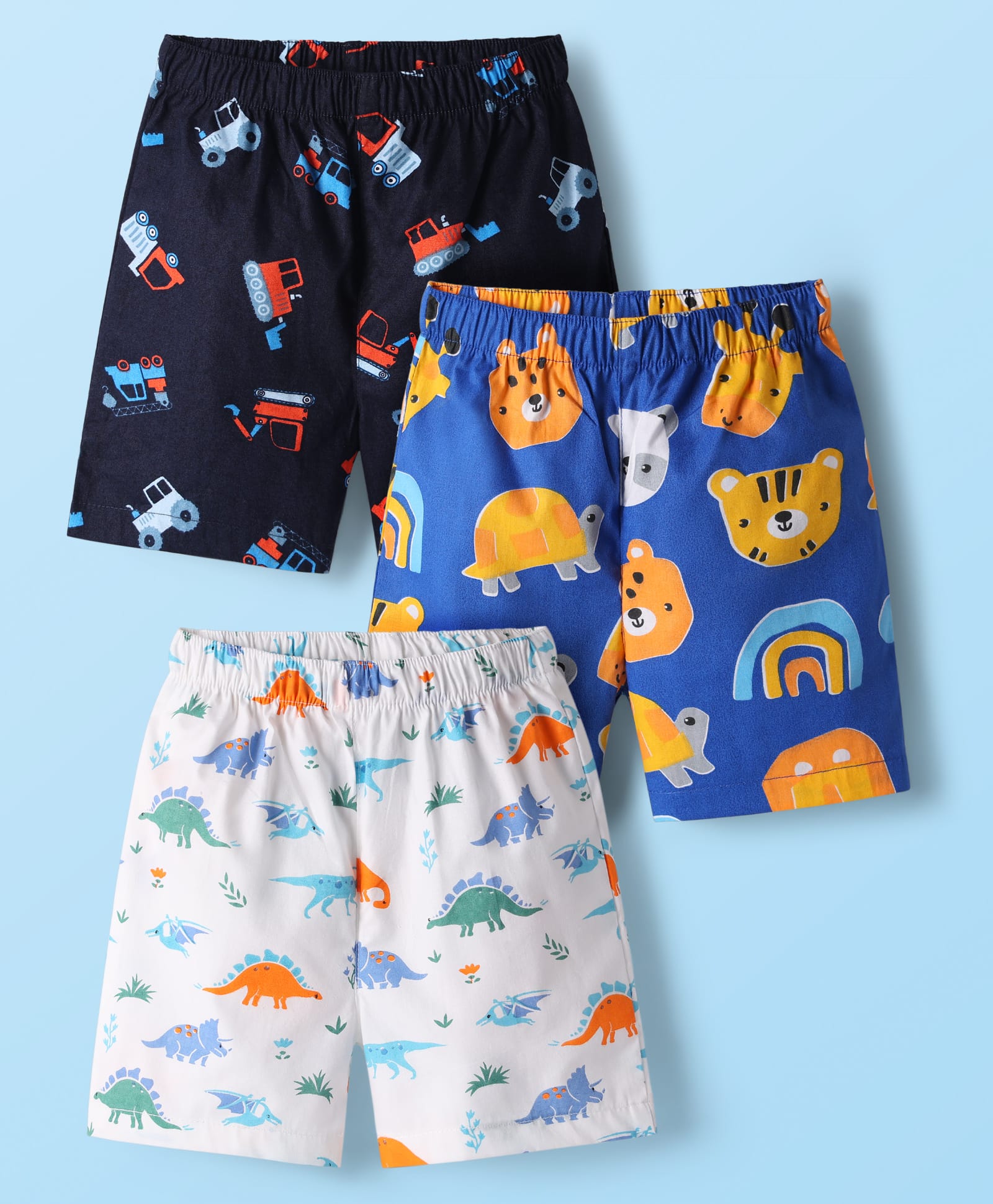 Babyhug Cotton Woven Boxers With Dino & Vehicle Print Pack Of 3 - Navy Blue Royal Blue & White-image-32