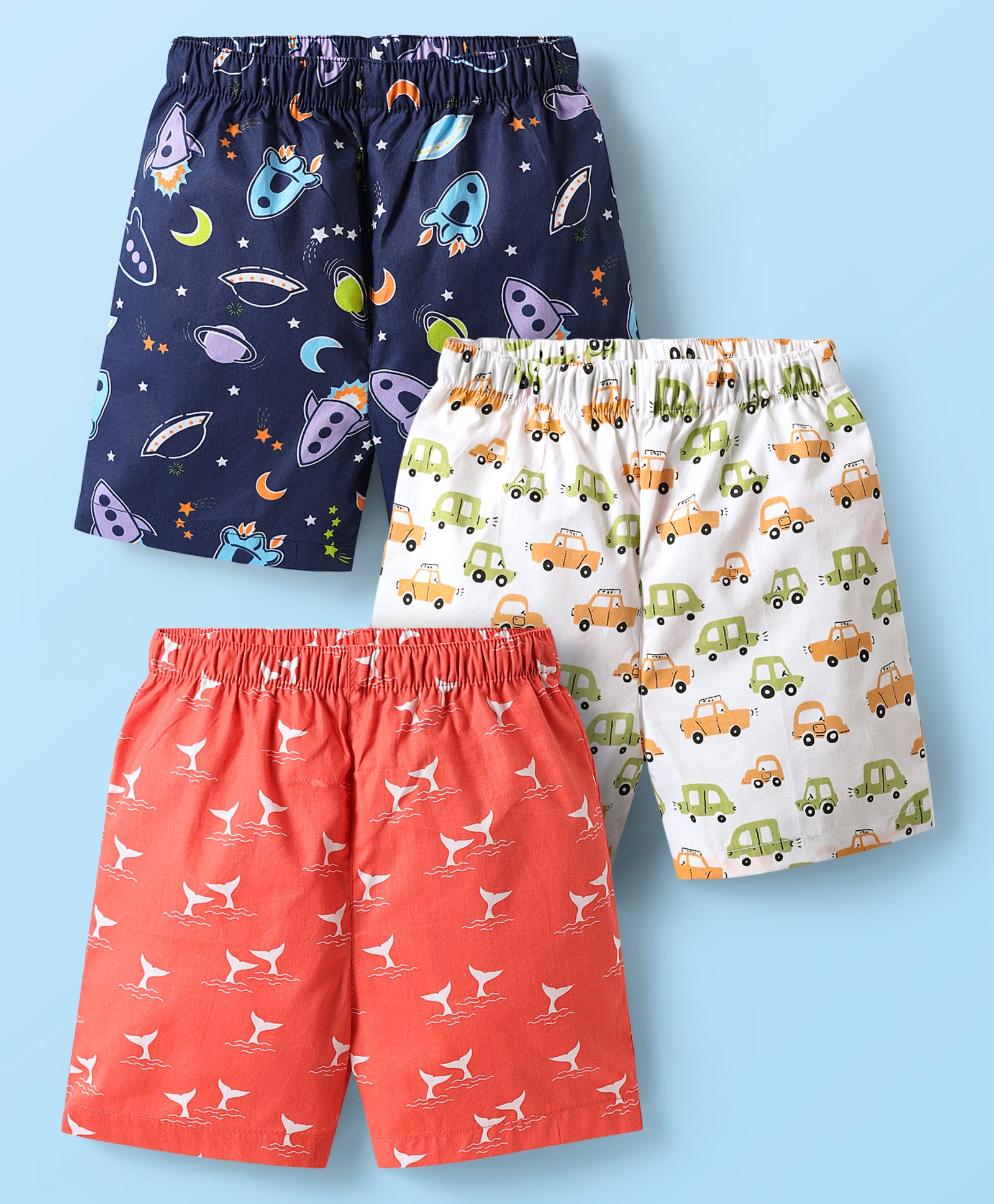 Babyhug Cotton Woven Boxers With Vehicle & Space Theme Print Pack Of 3 - Red Navy Blue & White-image-45