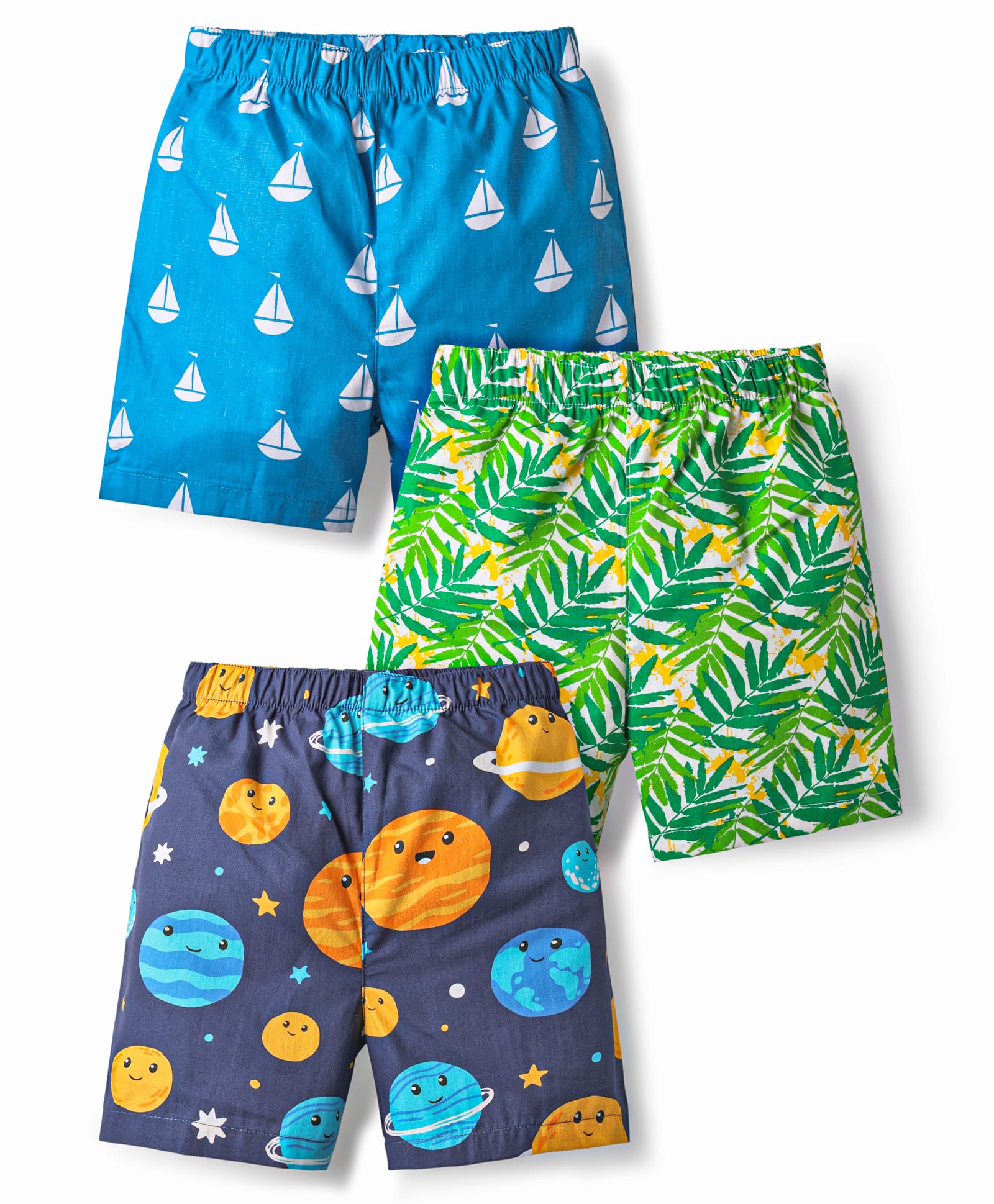 Babyhug Cotton Woven Above Knee Length Boxer With Tropical Nautical & Solar System Print Pack Of 3 - Blue Green & Navy Blue-picture-27