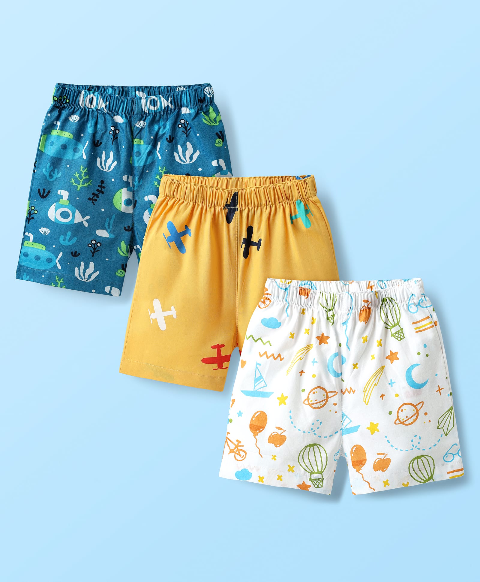 Babyhug Cotton Woven Boxers With Vehicle & Tropical Theme Print Pack Of 3 - White Yellow & Teal Blue